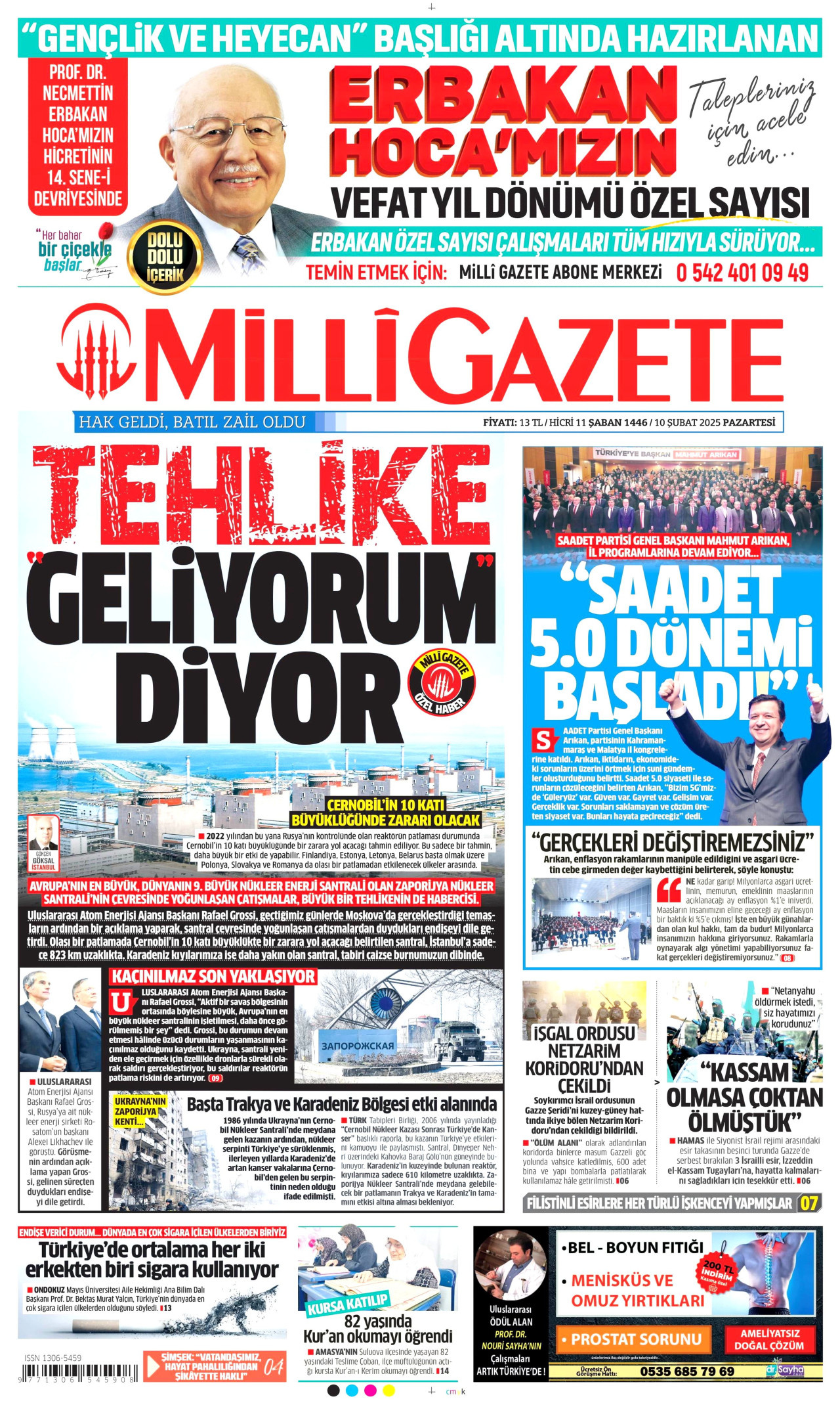 MİLLİ GAZETE gazetesinin 10 Şubat 2025 tarihli birinci sayfası