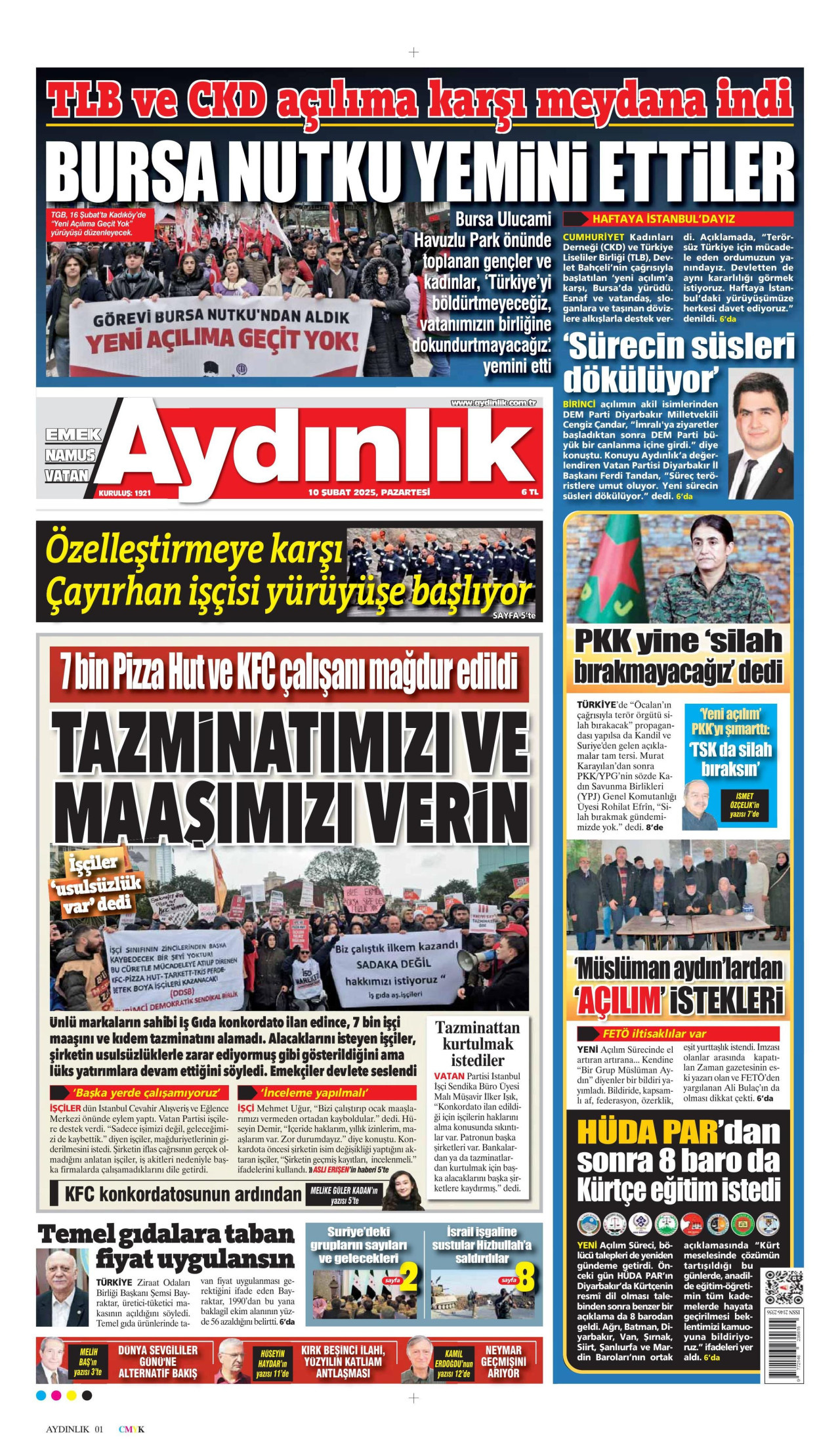 AYDINLIK GAZETESİ gazetesinin 10 Şubat 2025 tarihli birinci sayfası