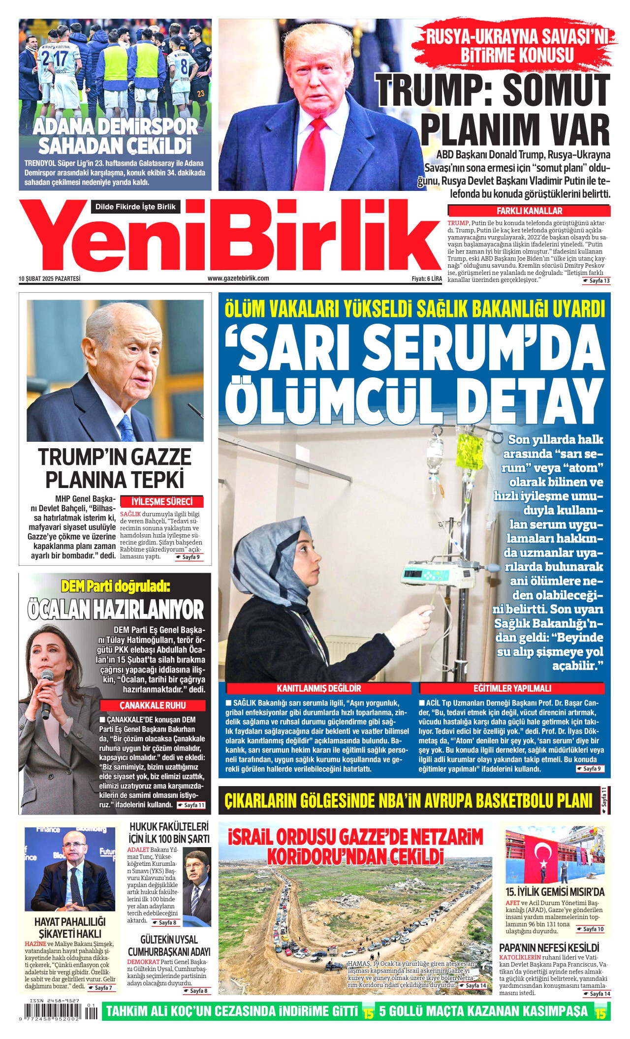 YENİBİRLİK gazetesinin 10 Şubat 2025 tarihli birinci sayfası