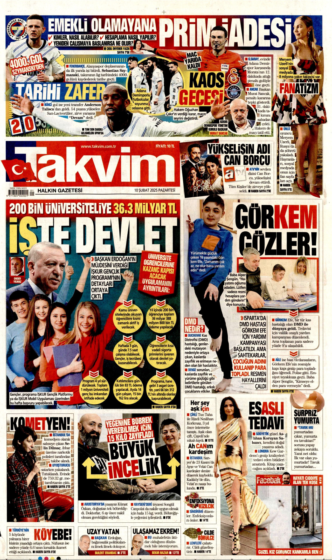 TAKVİM gazetesinin 10 Şubat 2025 tarihli birinci sayfası