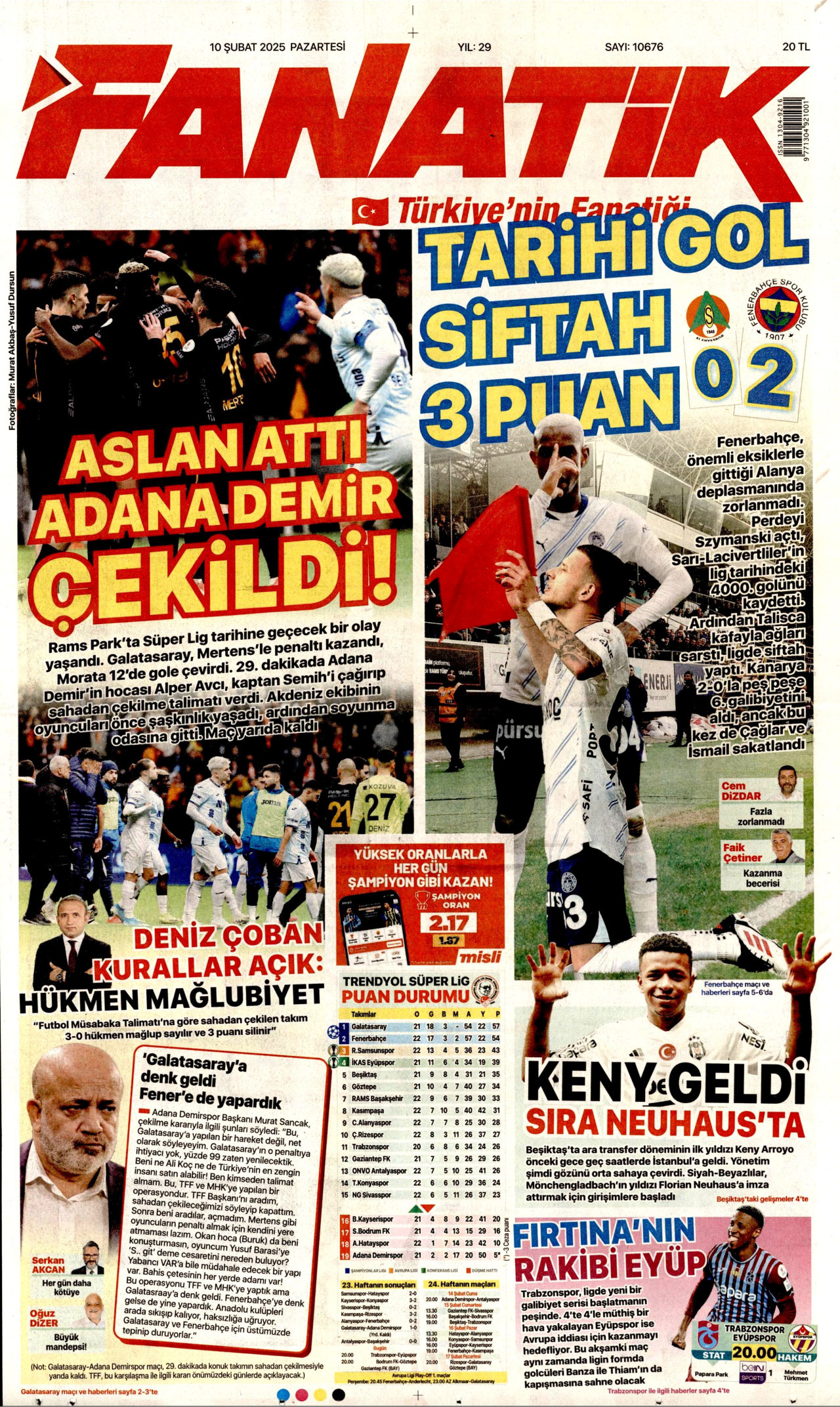 FANATİK gazetesinin 10 Şubat 2025 tarihli birinci sayfası