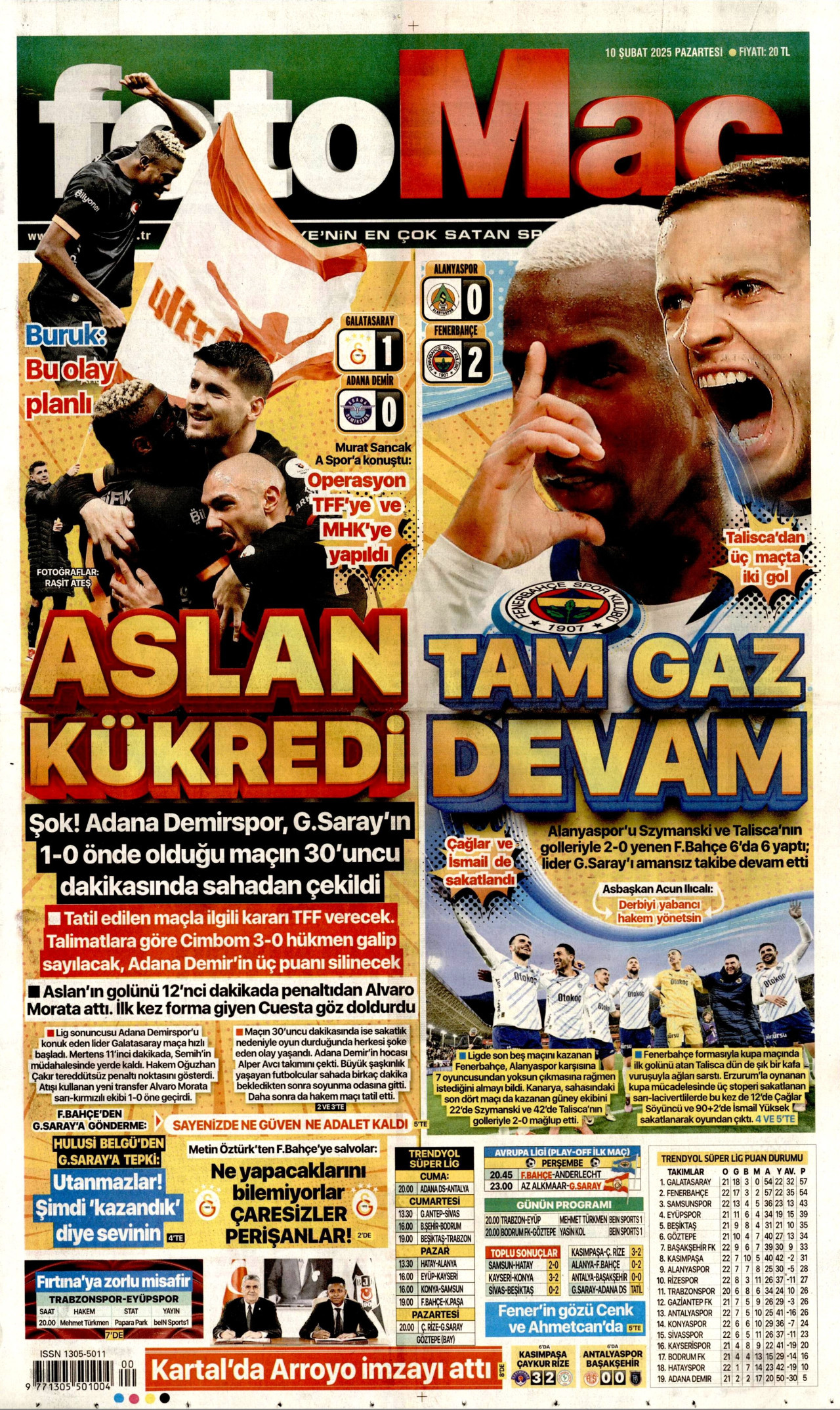 FOTOMAÇ gazetesinin 10 Şubat 2025 tarihli birinci sayfası