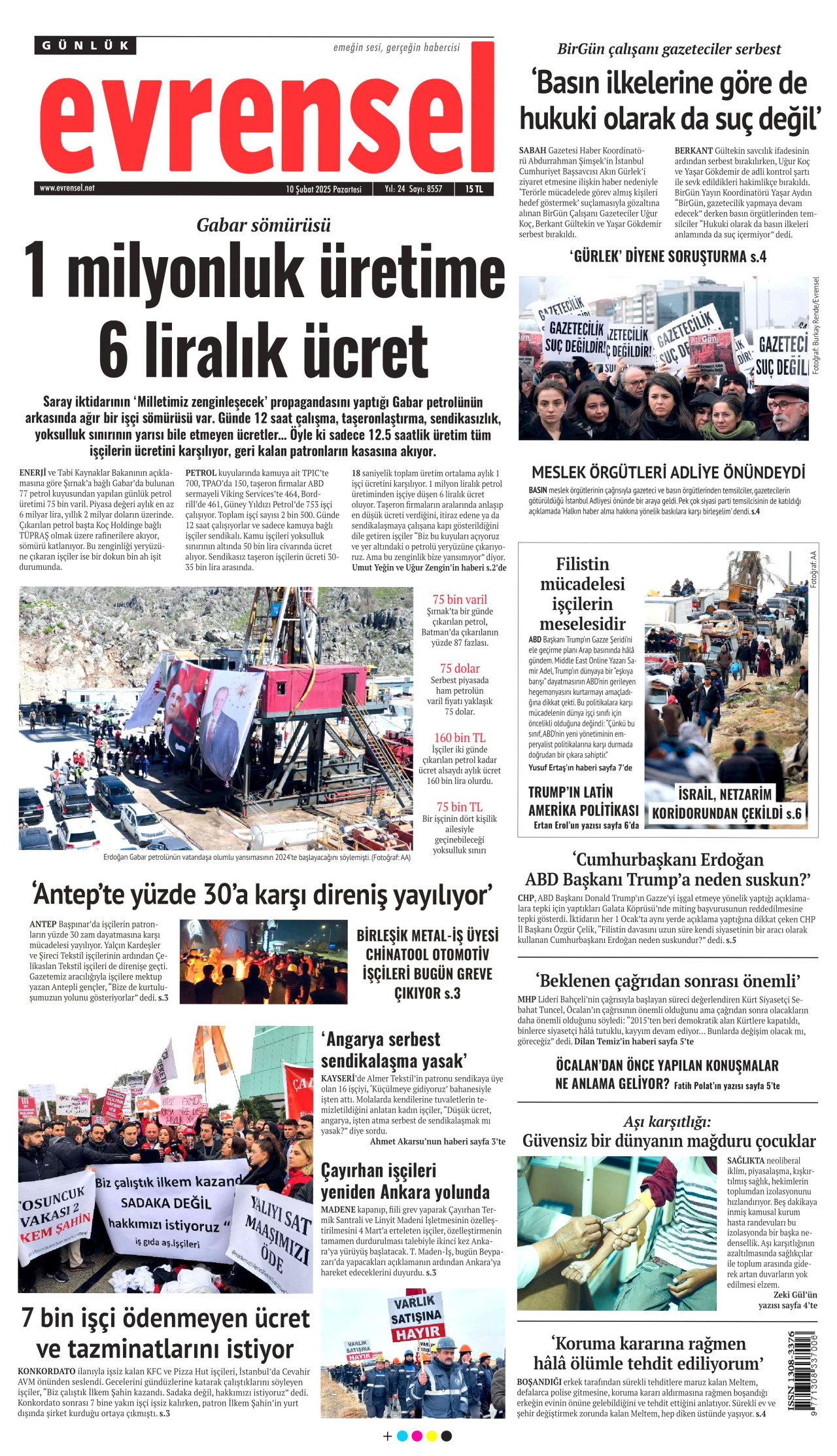 EVRENSEL gazetesinin 10 Şubat 2025 tarihli birinci sayfası