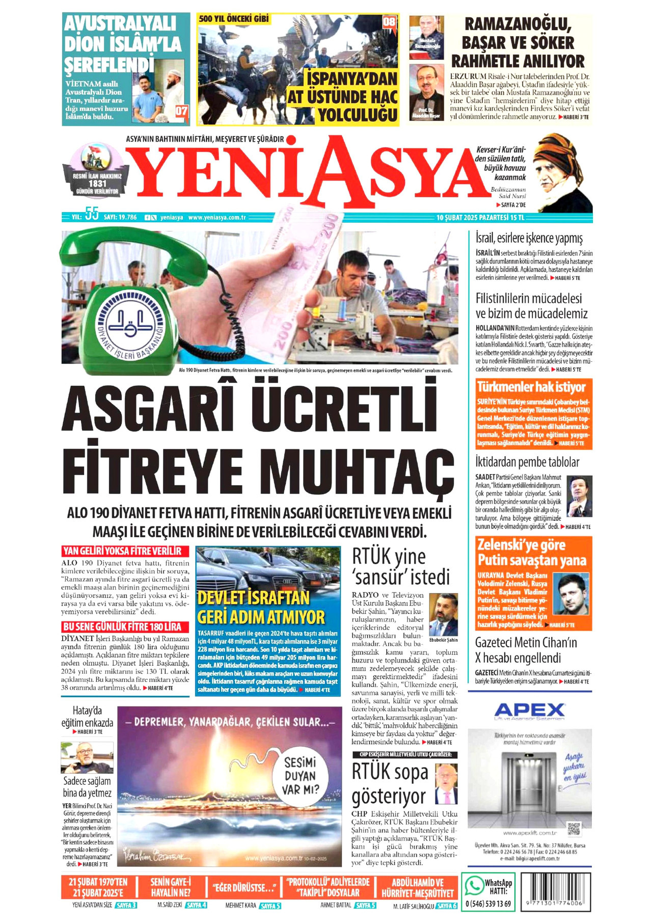 YENİ ASYA gazetesinin 10 Şubat 2025 tarihli birinci sayfası