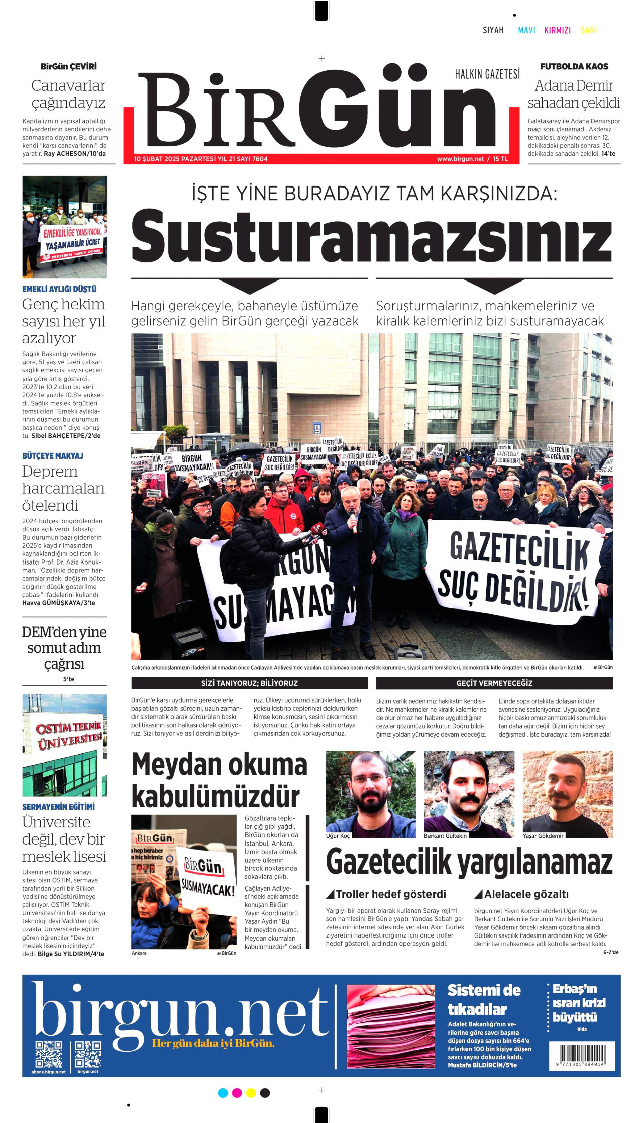 BİRGÜN gazetesinin 10 Şubat 2025 tarihli birinci sayfası