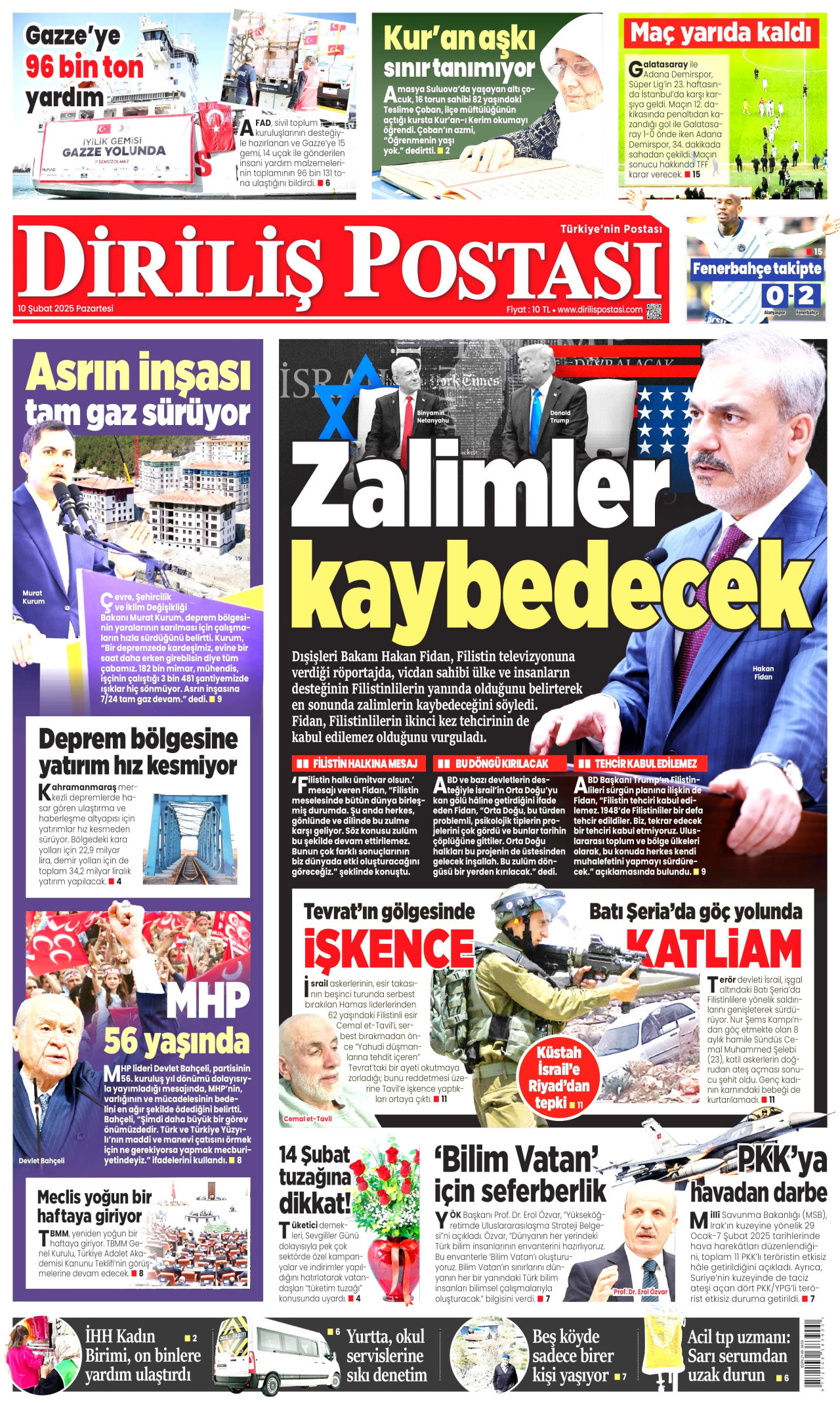 DİRİLİŞ POSTASI gazetesinin 10 Şubat 2025 tarihli birinci sayfası