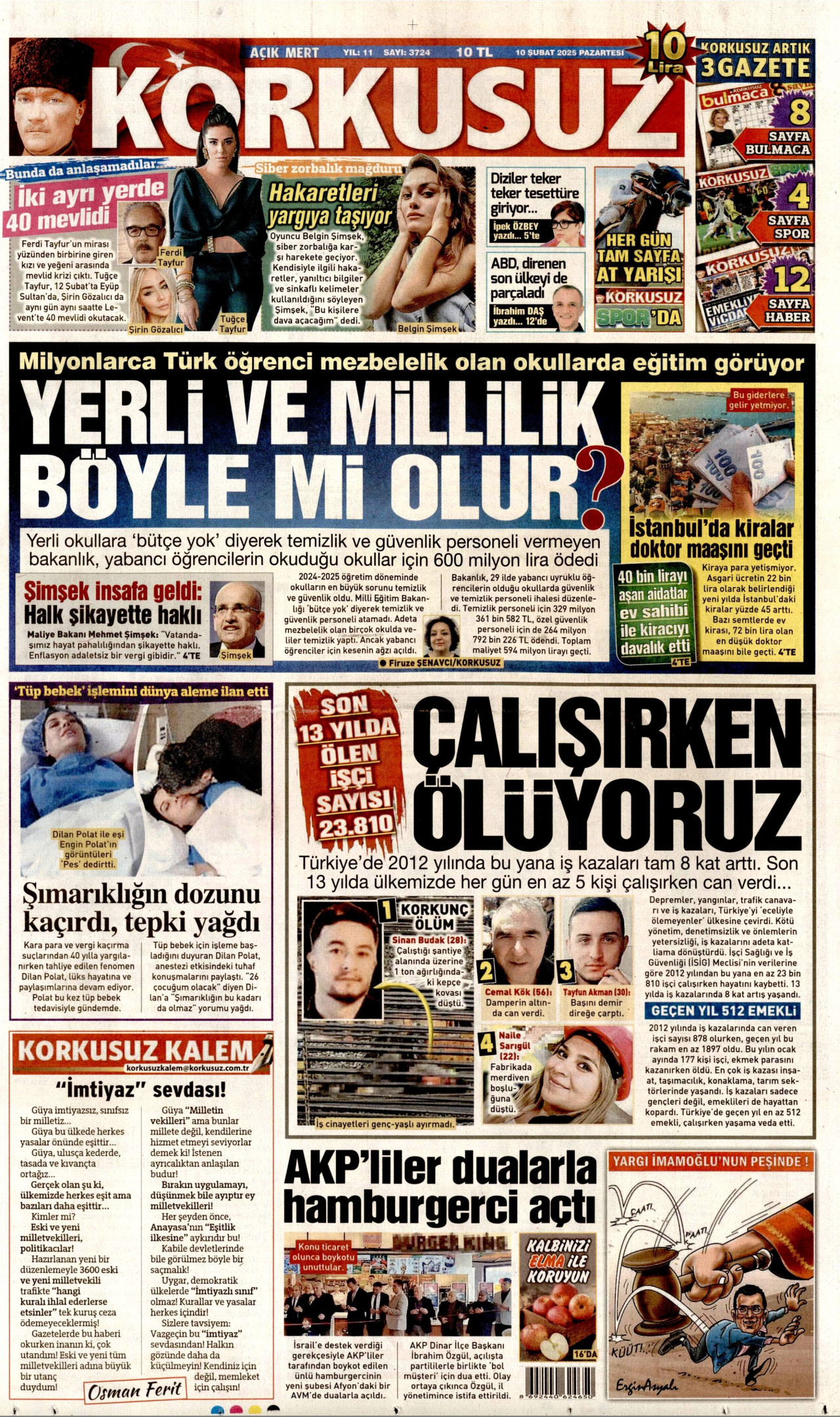 KORKUSUZ gazetesinin 10 Şubat 2025 tarihli birinci sayfası