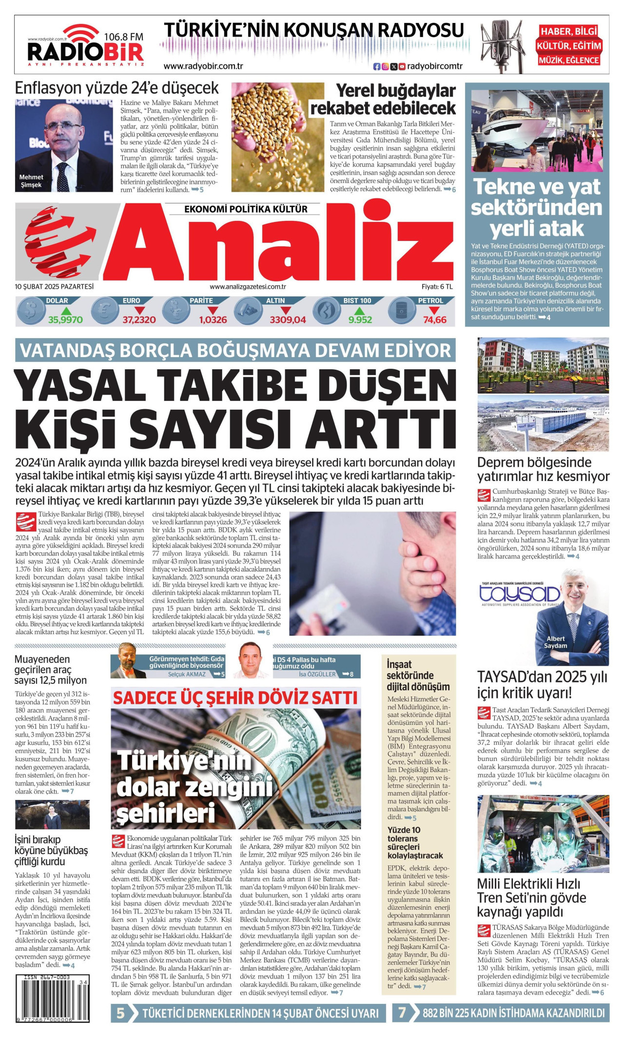 ANALİZ gazetesinin 10 Şubat 2025 tarihli birinci sayfası