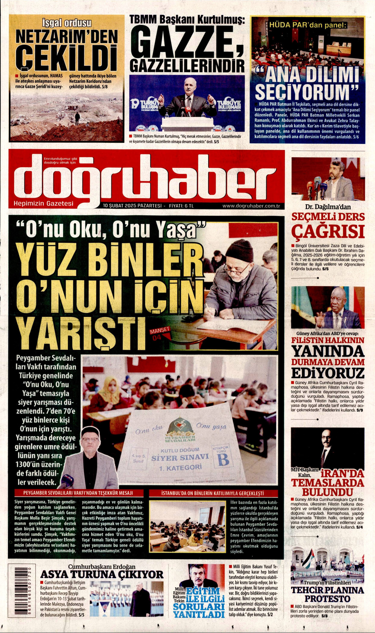 DOĞRU HABER gazetesinin 10 Şubat 2025 tarihli birinci sayfası