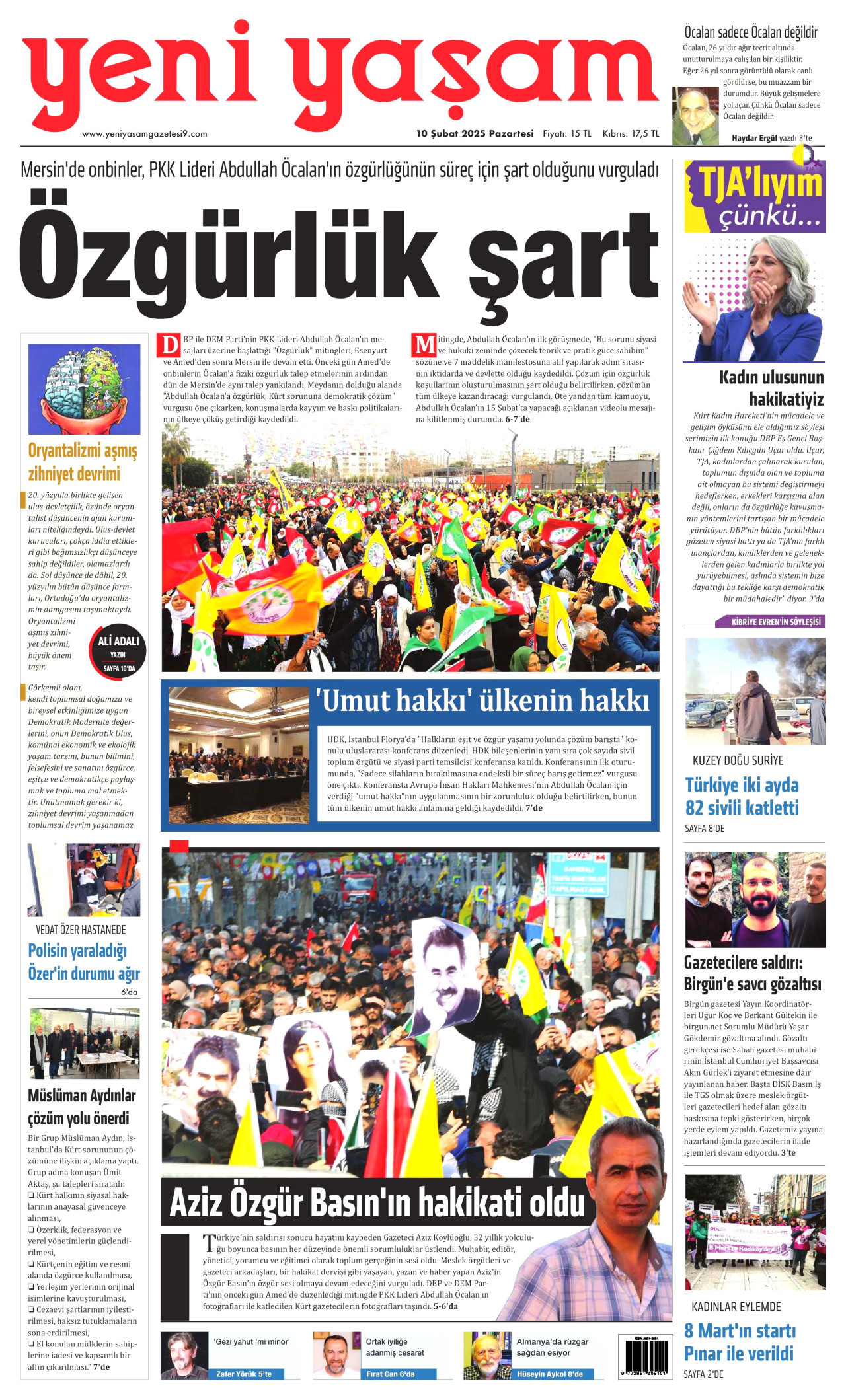 YENİ YAŞAM gazetesinin 10 Şubat 2025 tarihli birinci sayfası