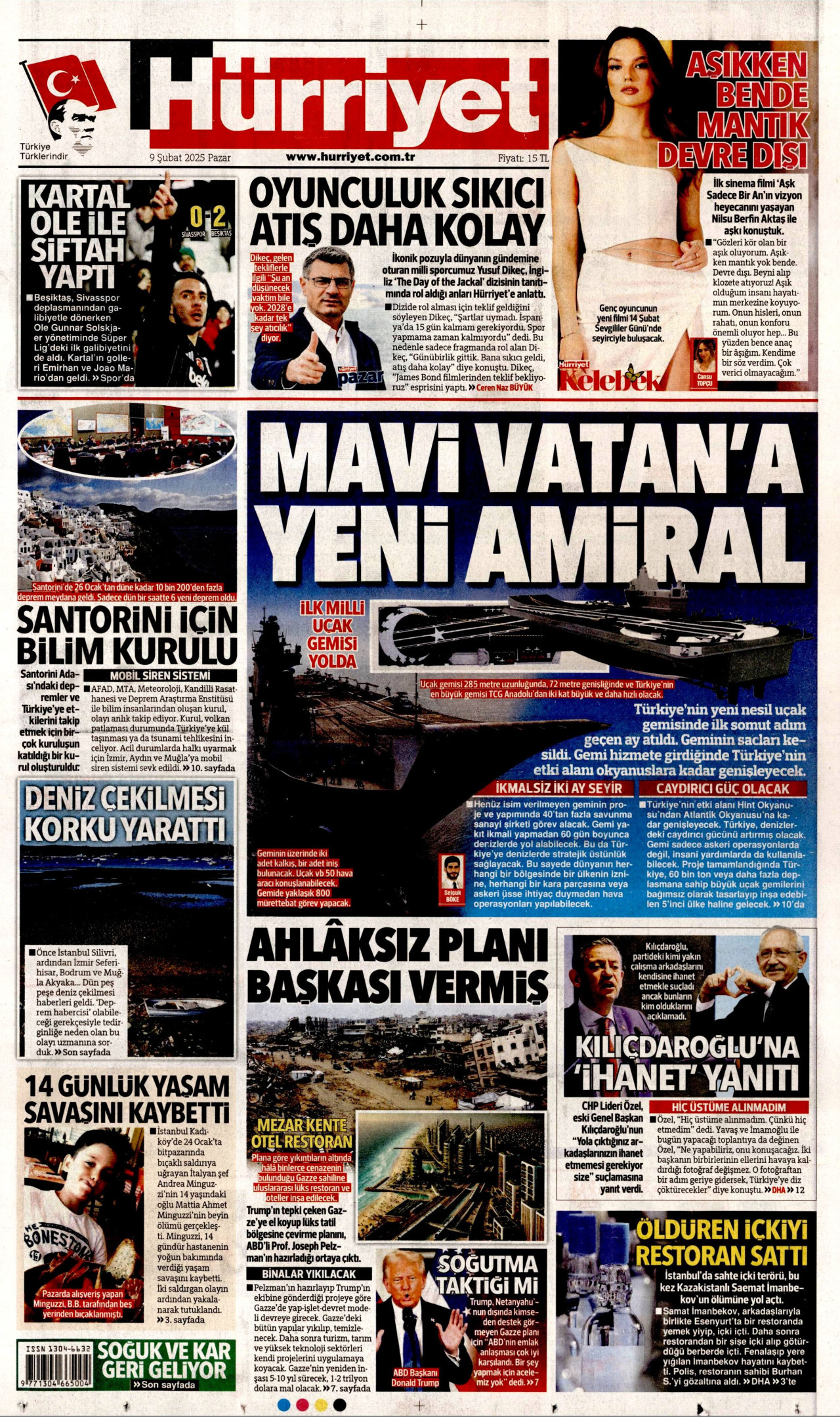 HÜRRİYET gazetesinin 9 Şubat 2025 tarihli birinci sayfası