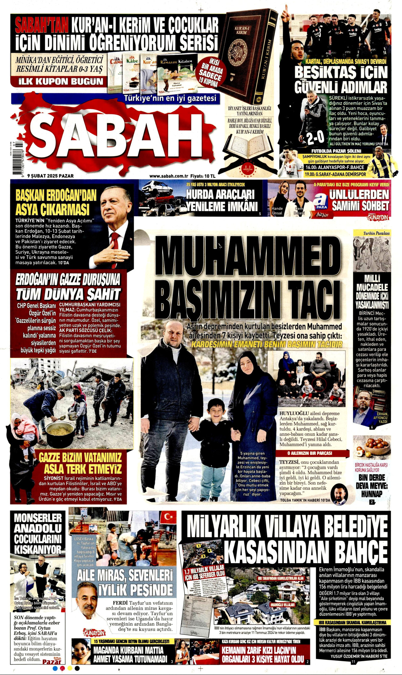 SABAH gazetesinin 9 Şubat 2025 tarihli birinci sayfası
