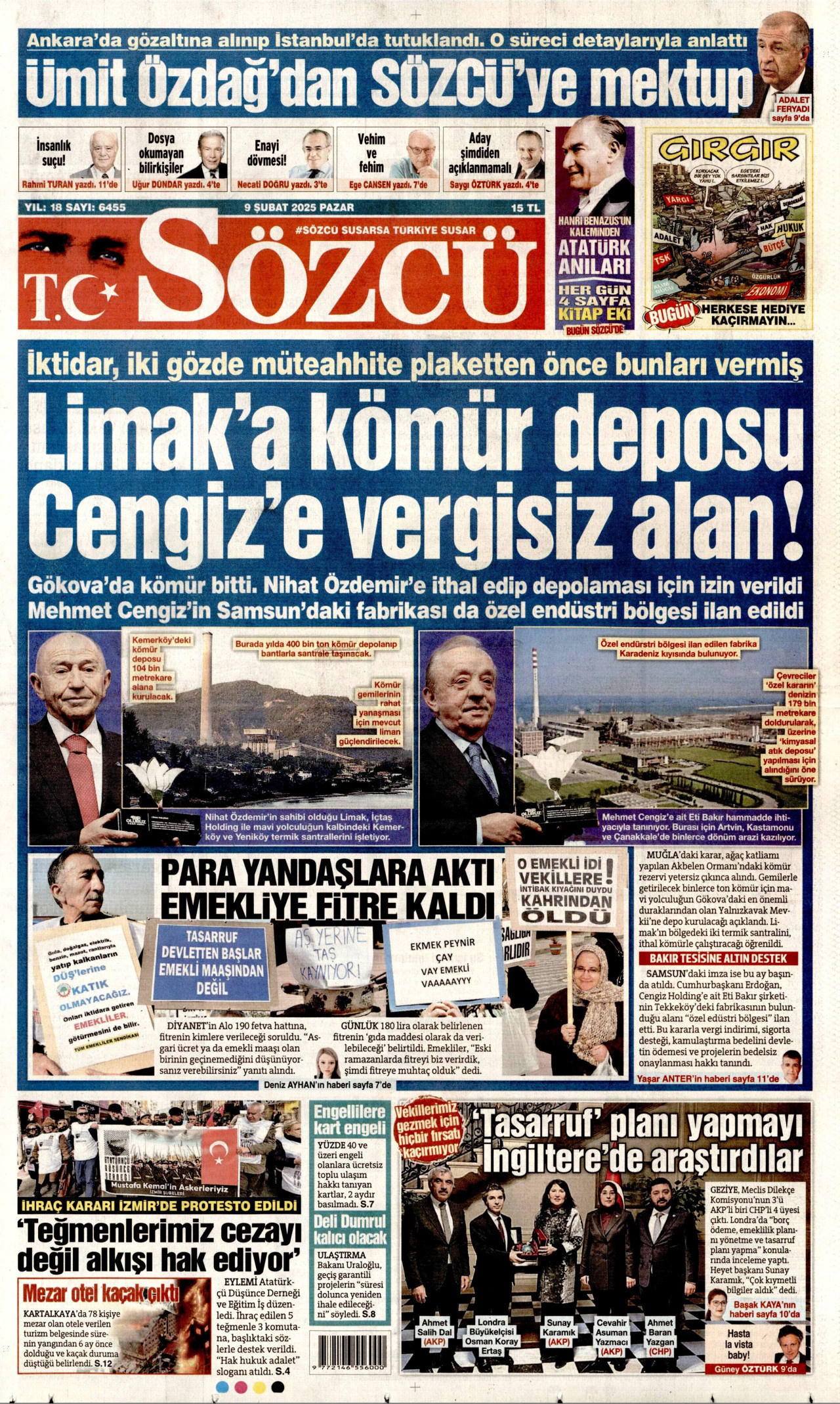 SÖZCÜ gazetesinin 9 Şubat 2025 tarihli birinci sayfası