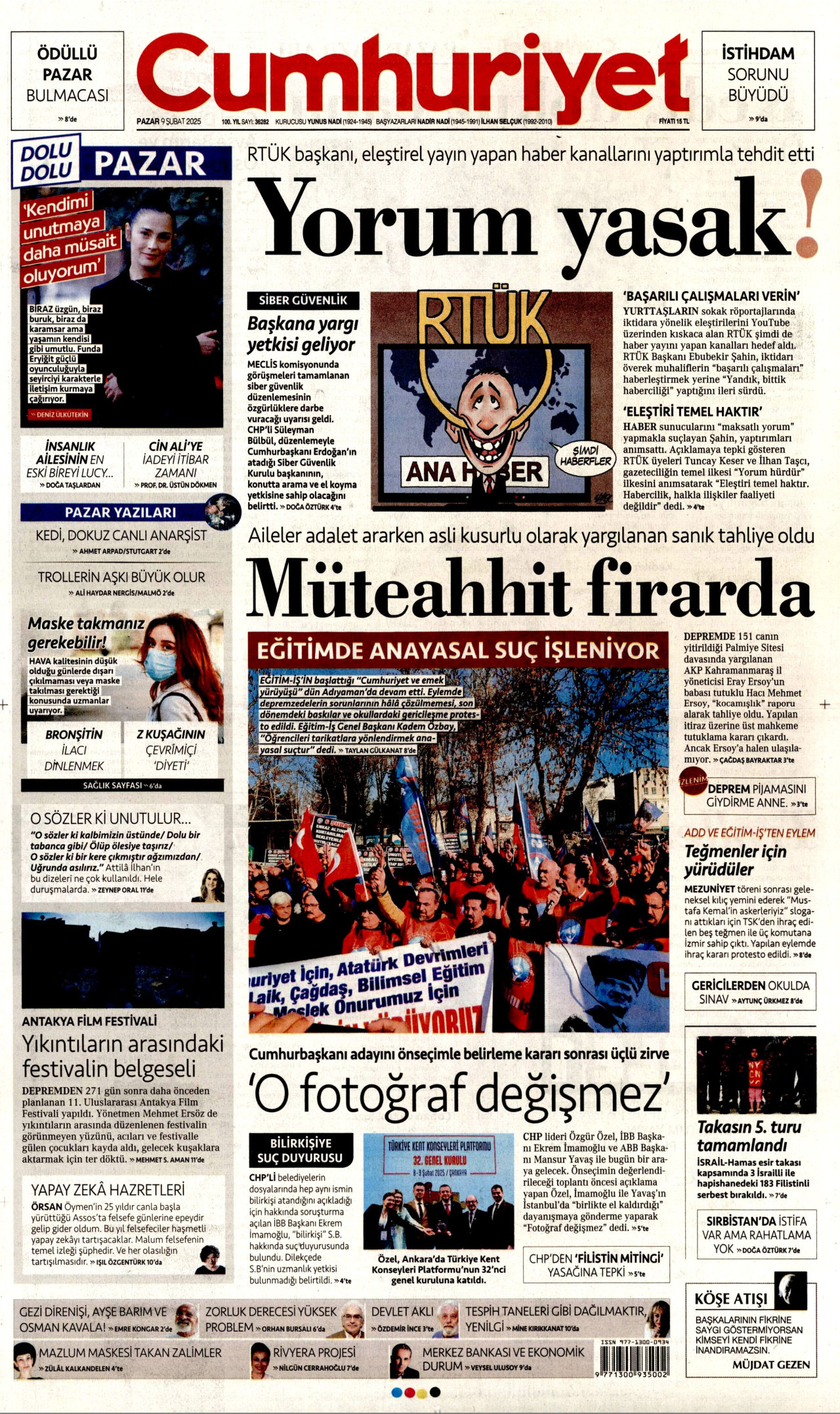 CUMHURİYET gazetesinin 9 Şubat 2025 tarihli birinci sayfası