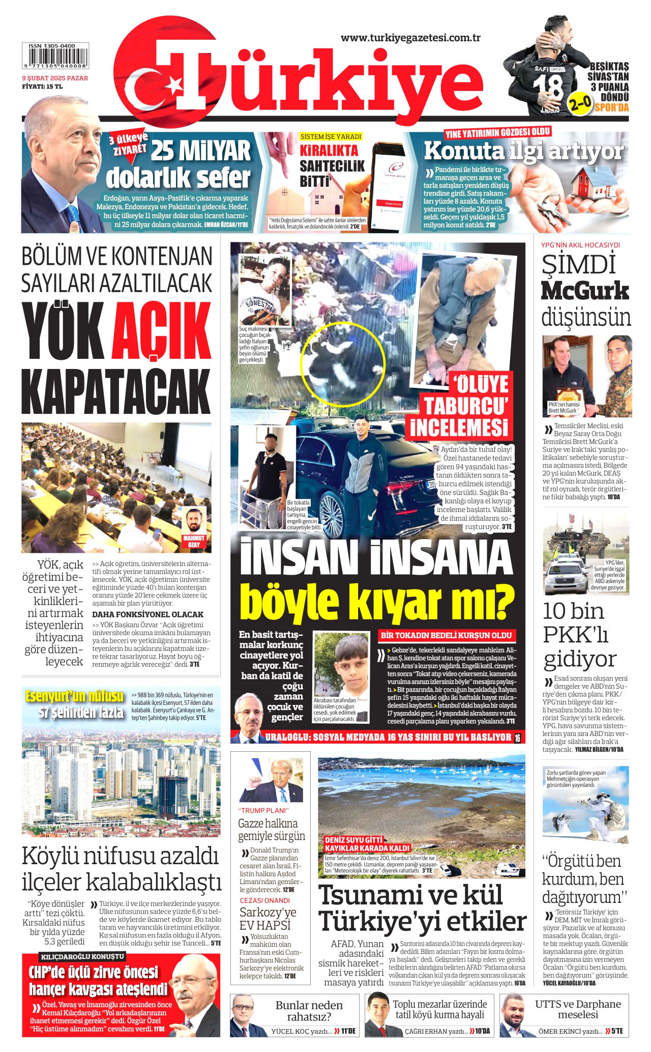 TÜRKİYE GAZETESİ gazetesinin 9 Şubat 2025 tarihli birinci sayfası