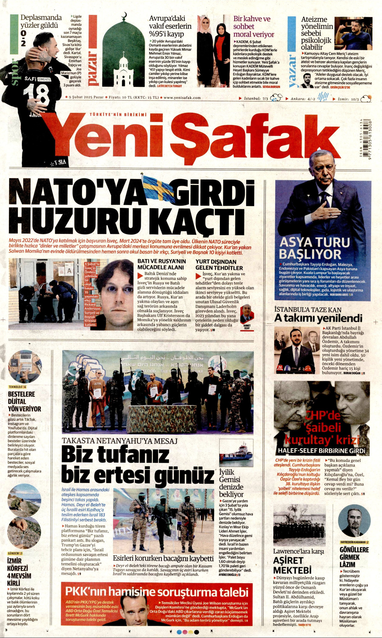 YENİ ŞAFAK gazetesinin 9 Şubat 2025 tarihli birinci sayfası