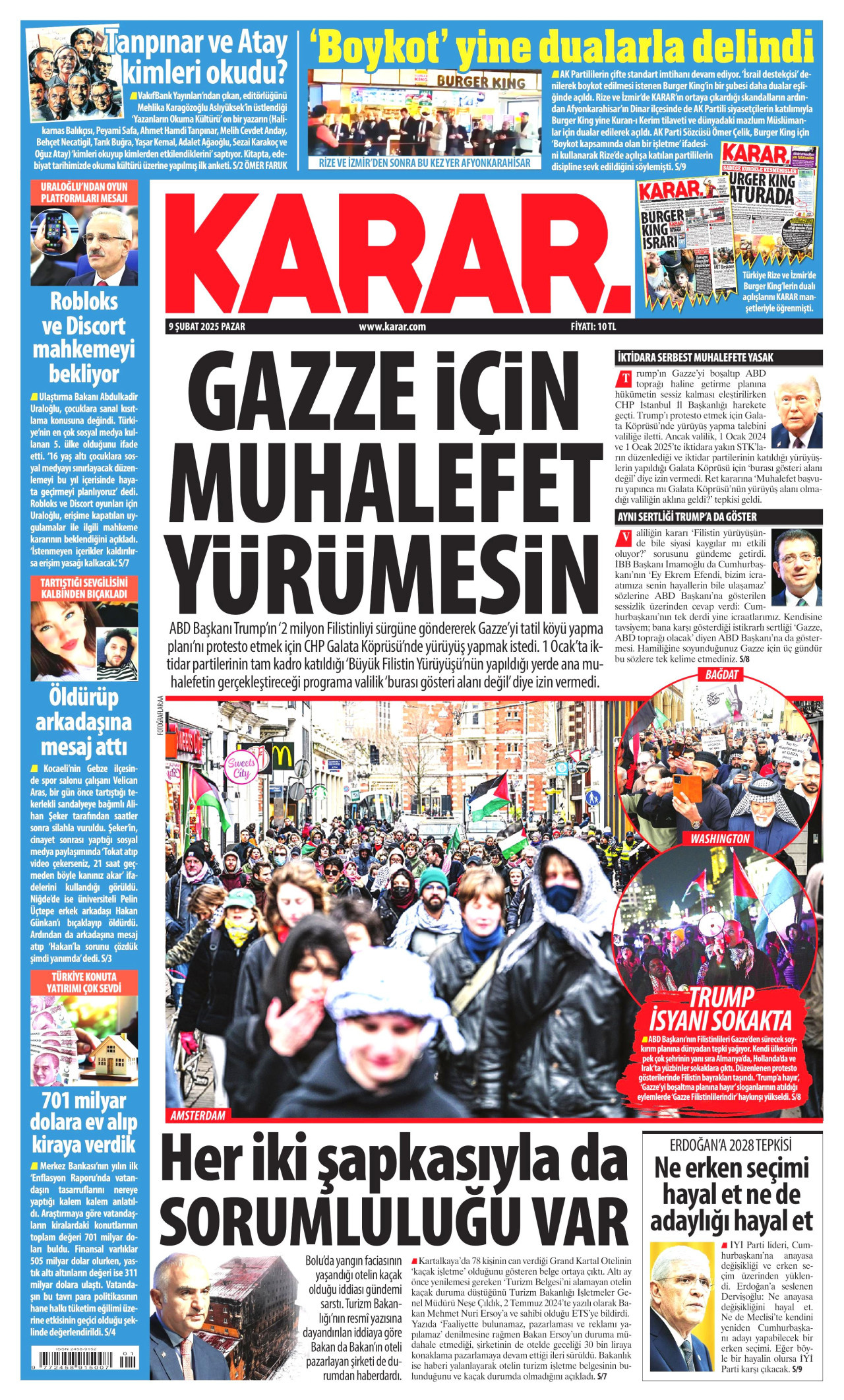 KARAR gazetesinin 9 Şubat 2025 tarihli birinci sayfası