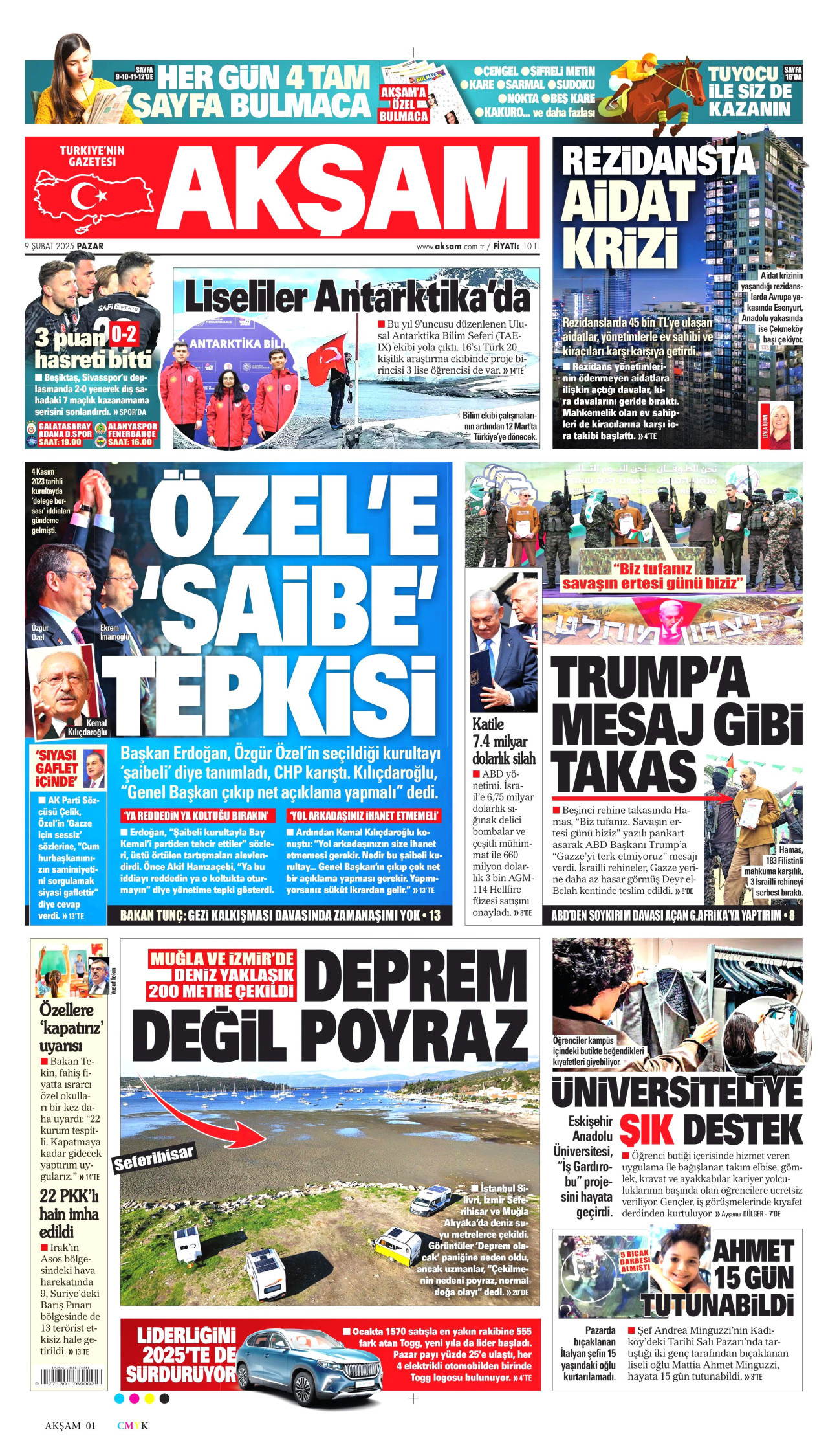 AKŞAM gazetesinin 9 Şubat 2025 tarihli birinci sayfası