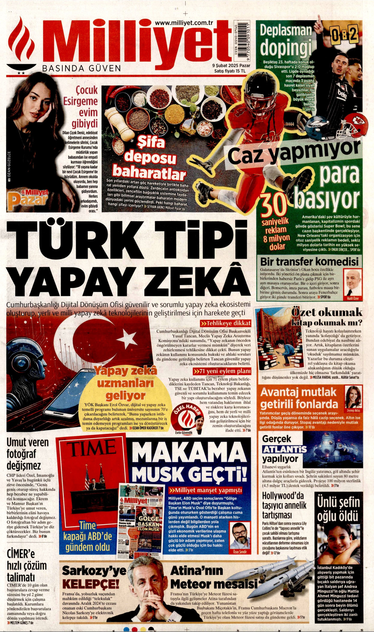 MİLLİYET gazetesinin 9 Şubat 2025 tarihli birinci sayfası