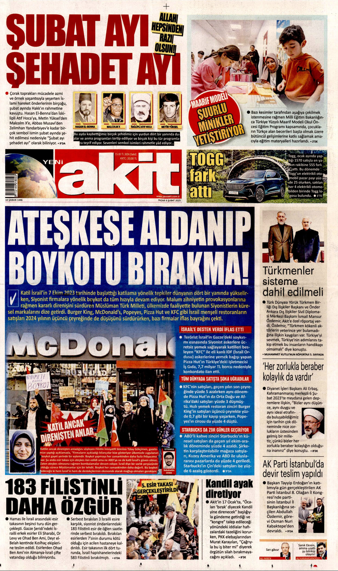 YENİ AKİT gazetesinin 9 Şubat 2025 tarihli birinci sayfası