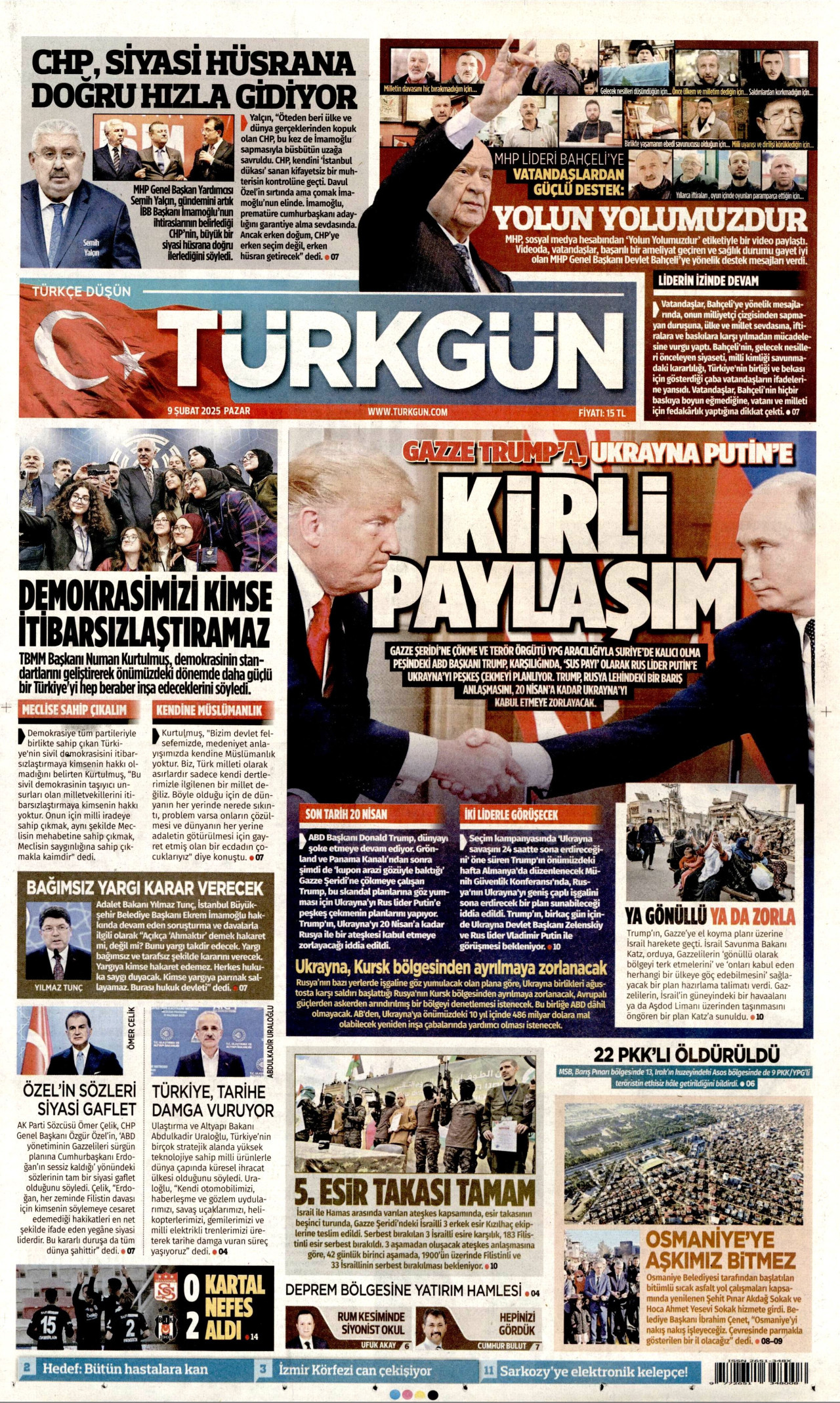 TÜRKGÜN gazetesinin 9 Şubat 2025 tarihli birinci sayfası