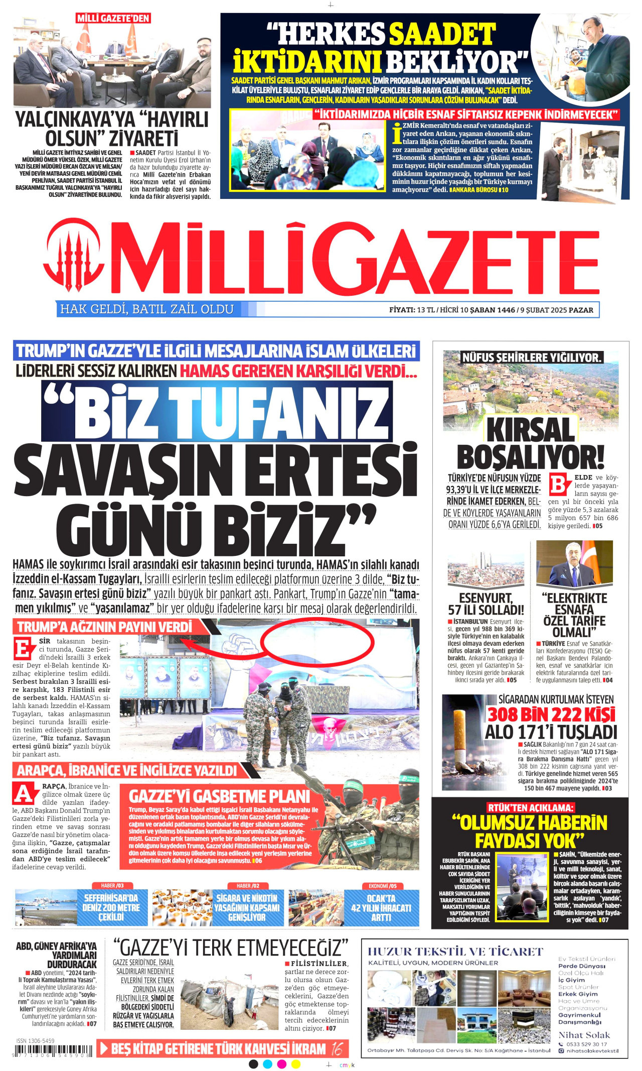 MİLLİ GAZETE gazetesinin 9 Şubat 2025 tarihli birinci sayfası