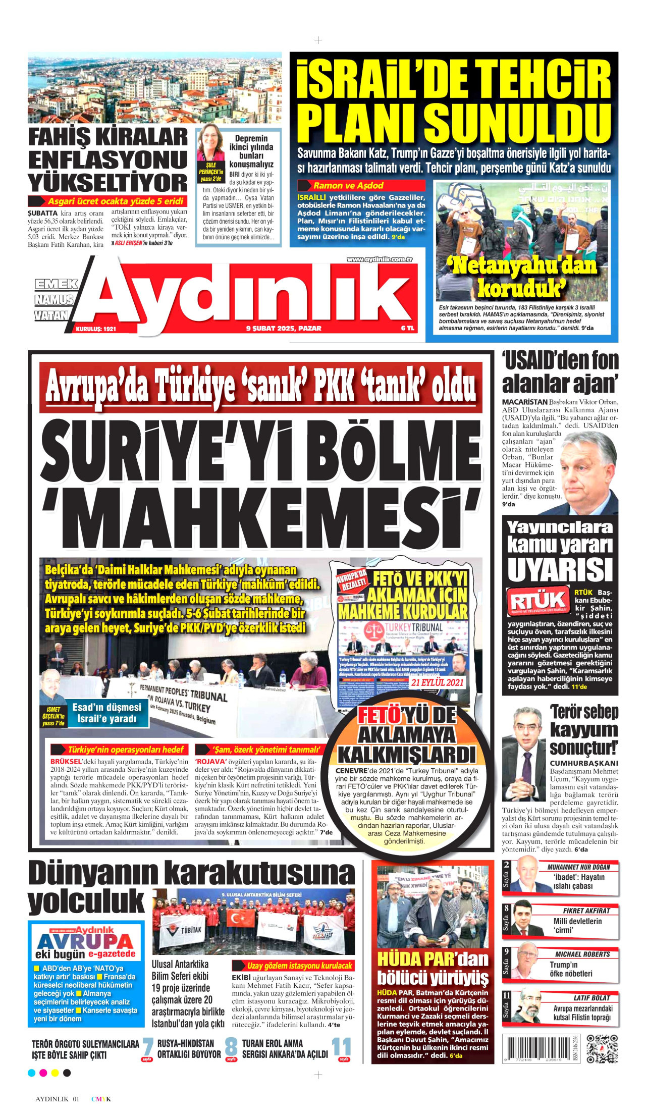 AYDINLIK GAZETESİ gazetesinin 9 Şubat 2025 tarihli birinci sayfası