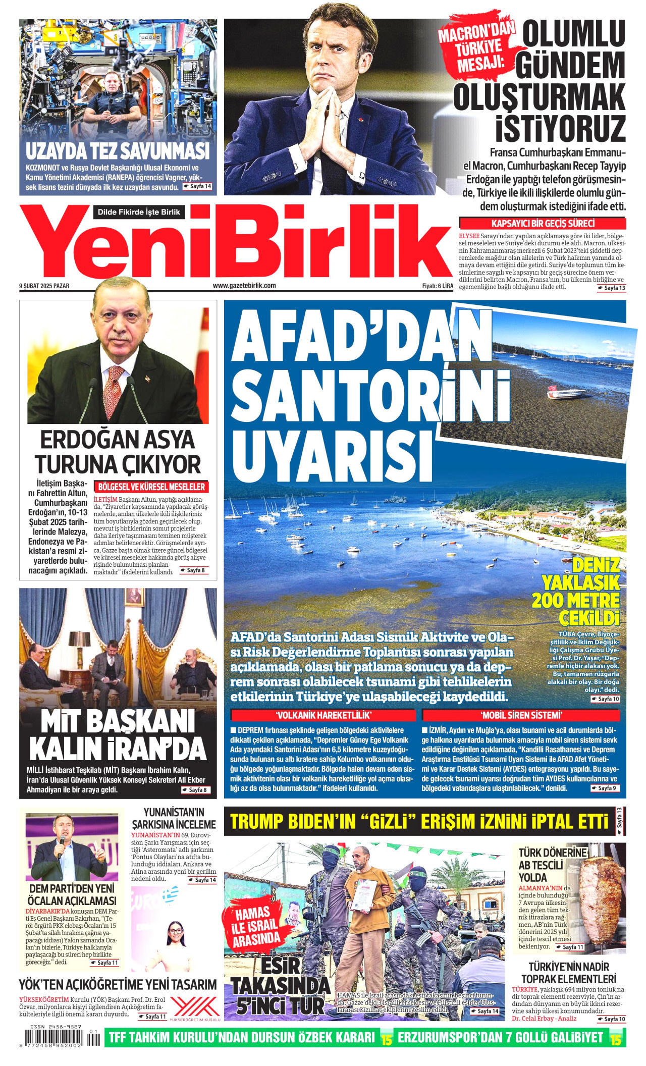 YENİBİRLİK gazetesinin 9 Şubat 2025 tarihli birinci sayfası