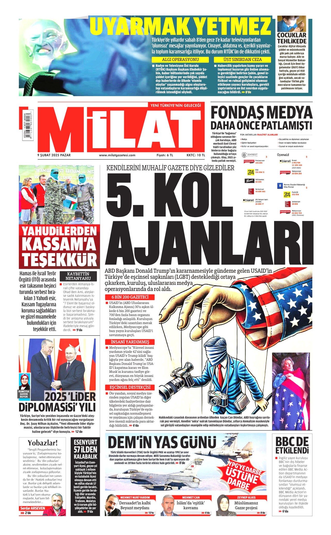 MİLAT gazetesinin 9 Şubat 2025 tarihli birinci sayfası