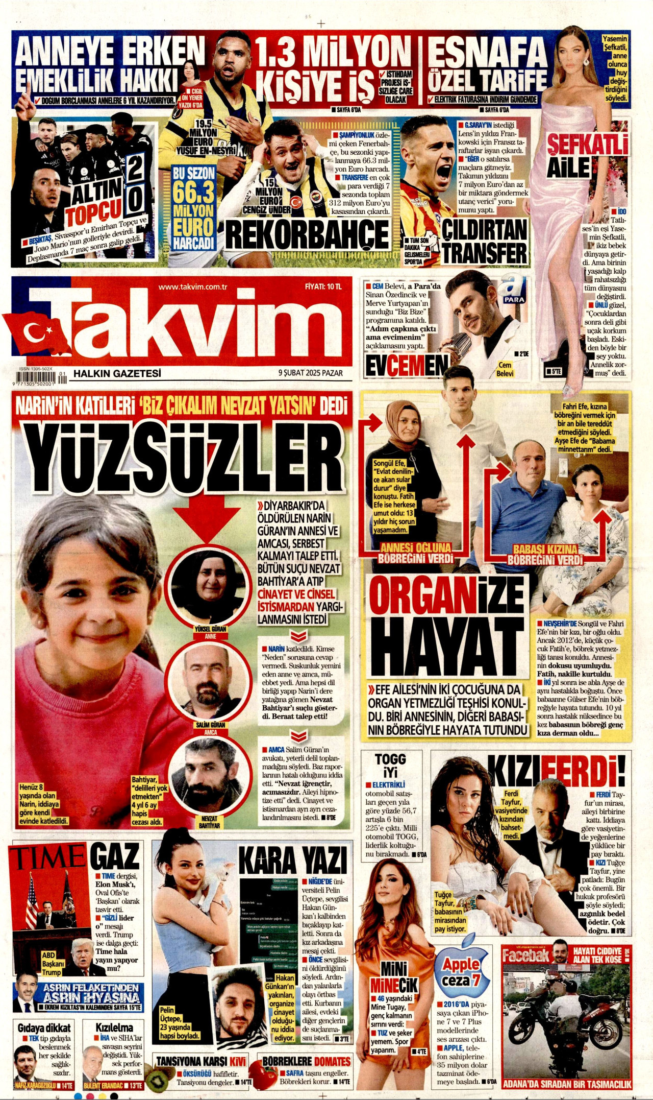 TAKVİM gazetesinin 9 Şubat 2025 tarihli birinci sayfası