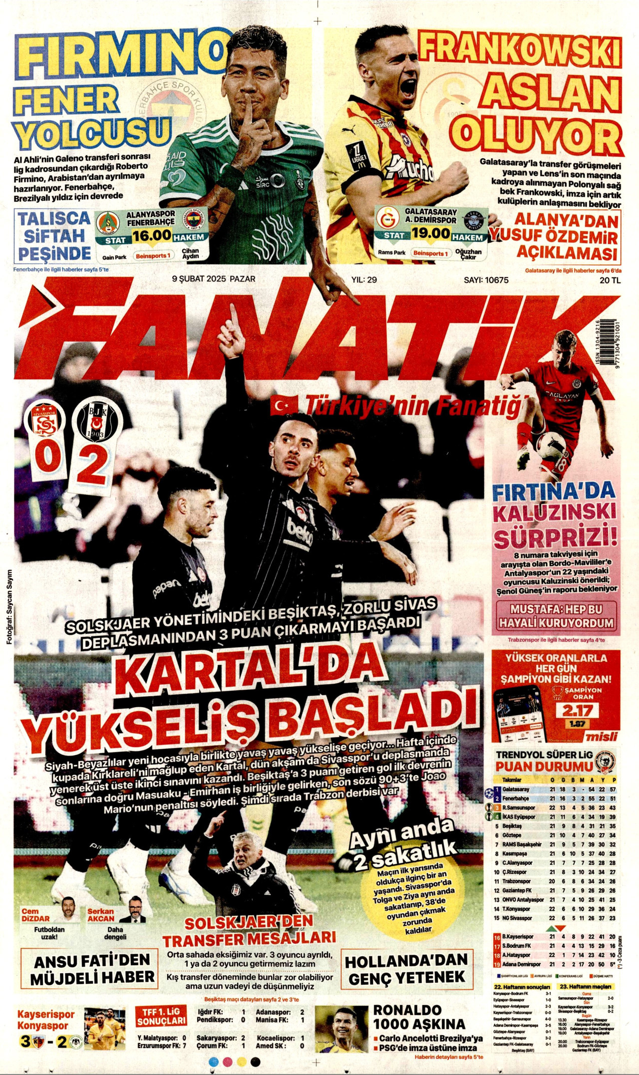 FANATİK gazetesinin 9 Şubat 2025 tarihli birinci sayfası