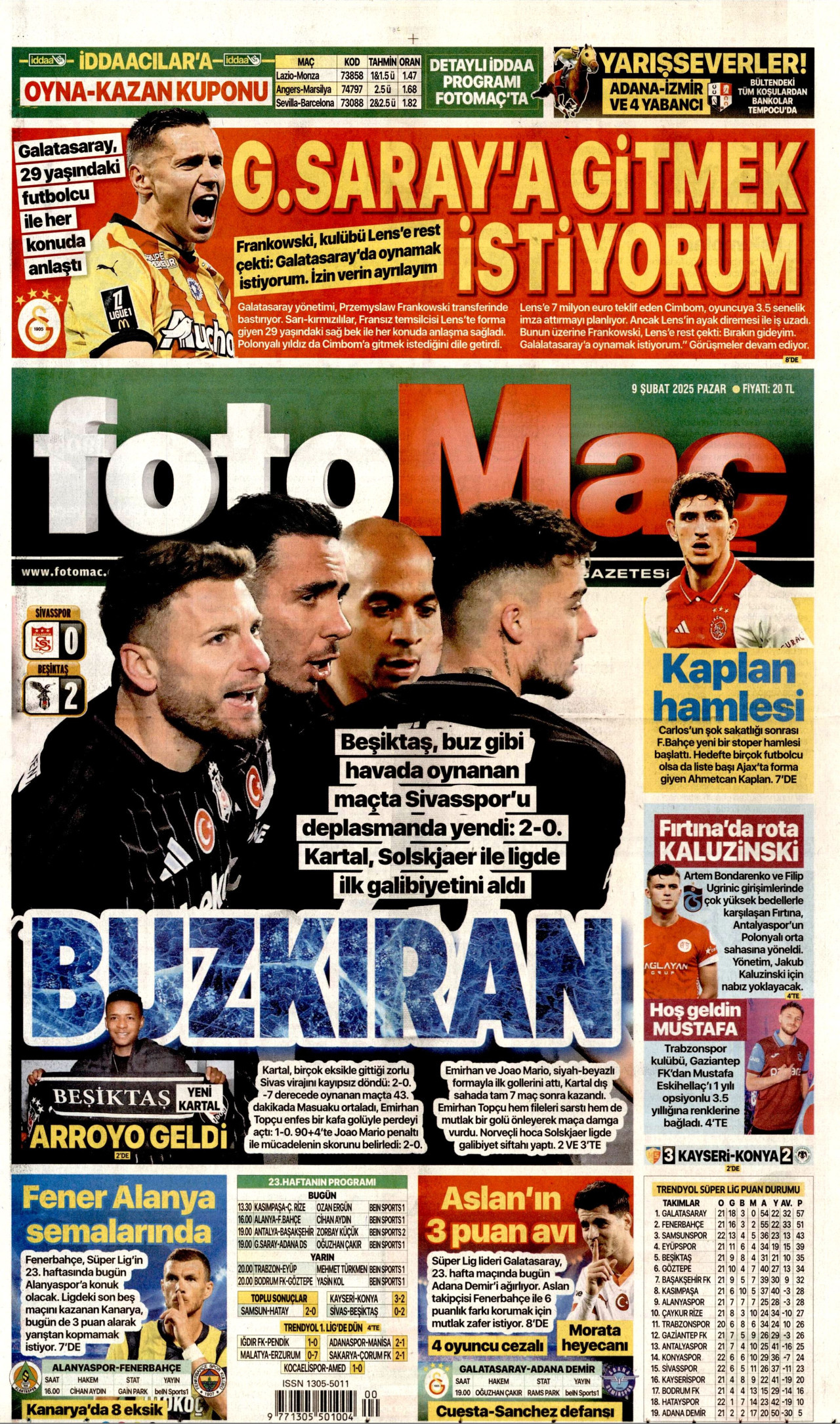 FOTOMAÇ gazetesinin 9 Şubat 2025 tarihli birinci sayfası