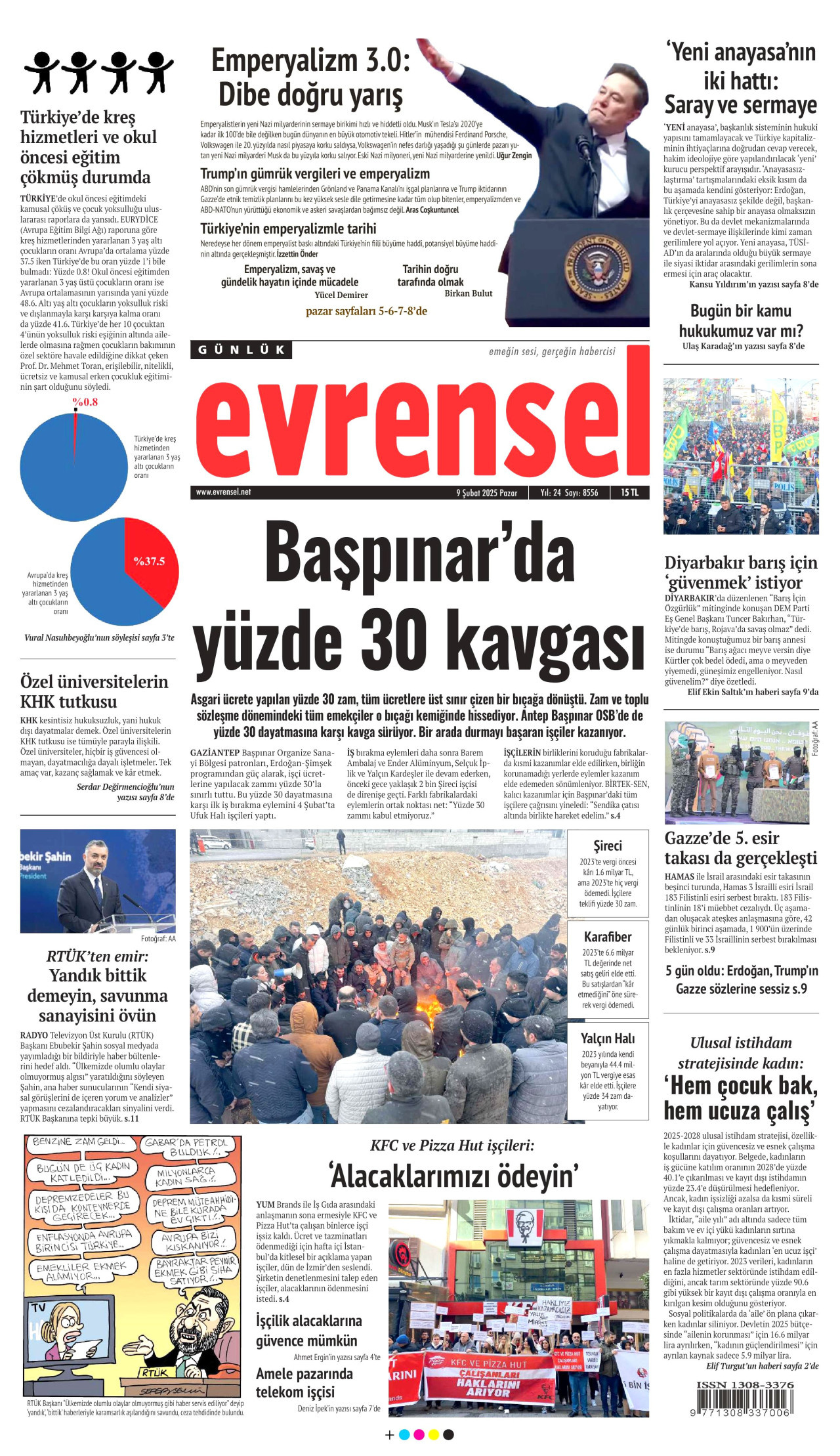 EVRENSEL gazetesinin 9 Şubat 2025 tarihli birinci sayfası