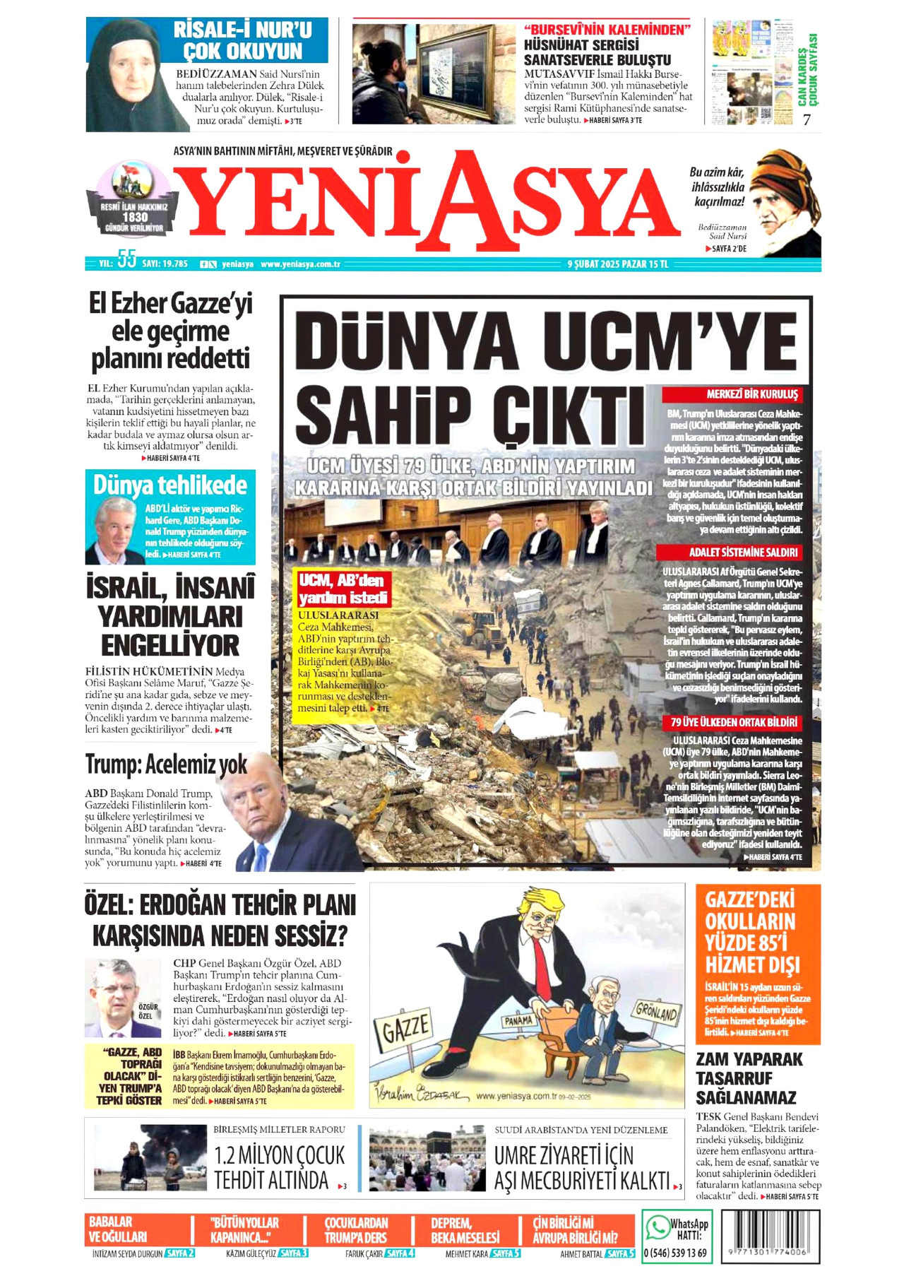 YENİ ASYA gazetesinin 9 Şubat 2025 tarihli birinci sayfası