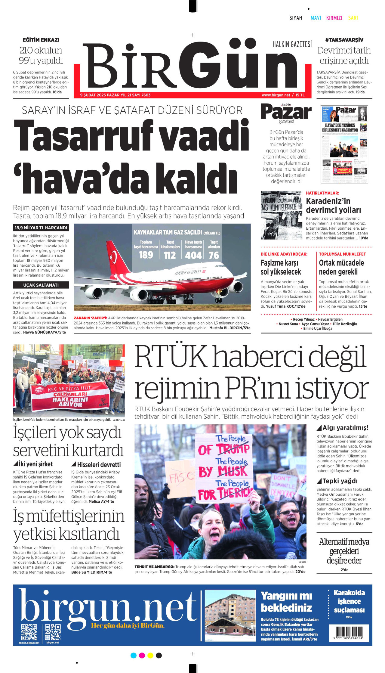 BİRGÜN gazetesinin 9 Şubat 2025 tarihli birinci sayfası