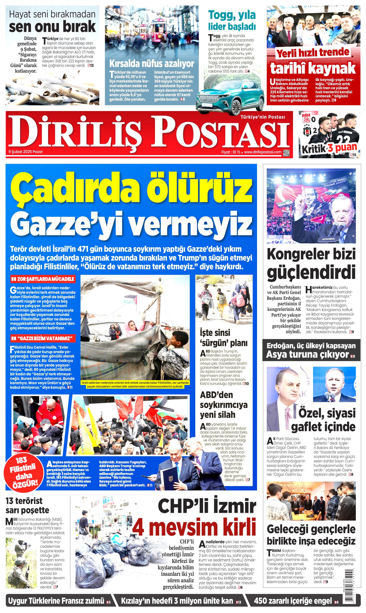 DİRİLİŞ POSTASI gazetesinin 9 Şubat 2025 tarihli birinci sayfası