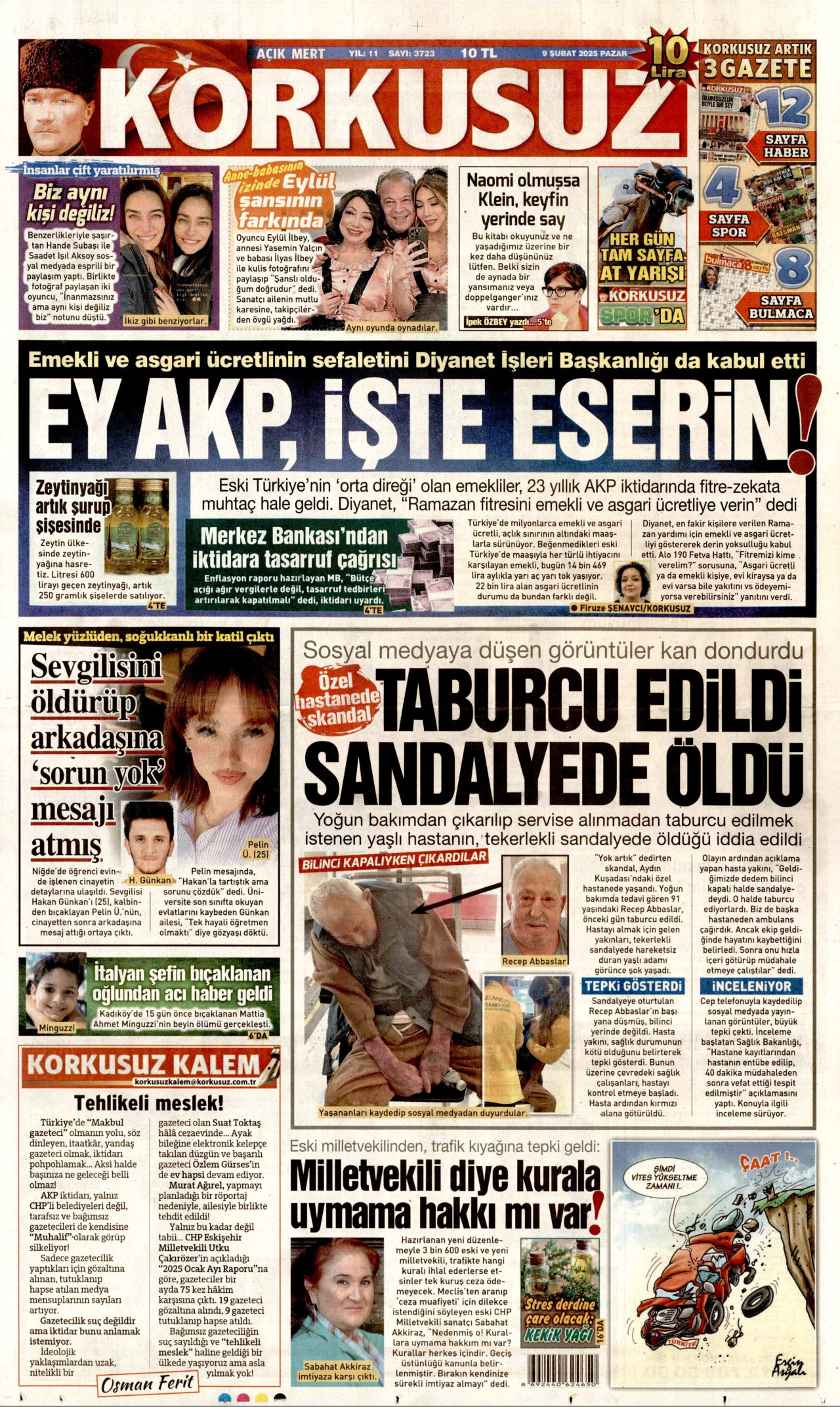 KORKUSUZ gazetesinin 9 Şubat 2025 tarihli birinci sayfası