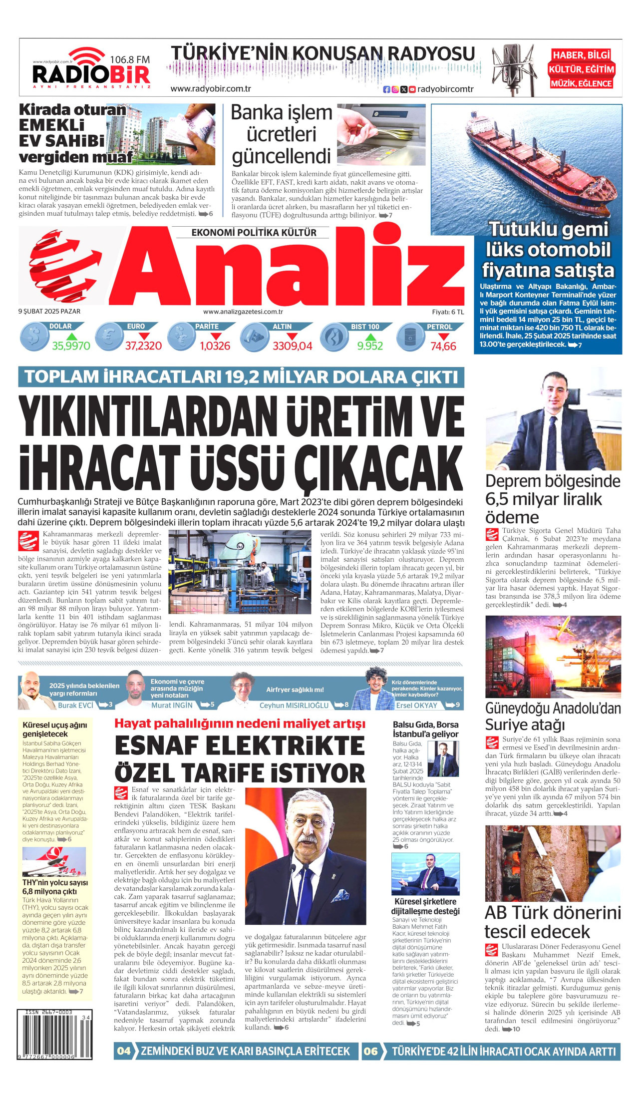 ANALİZ gazetesinin 9 Şubat 2025 tarihli birinci sayfası