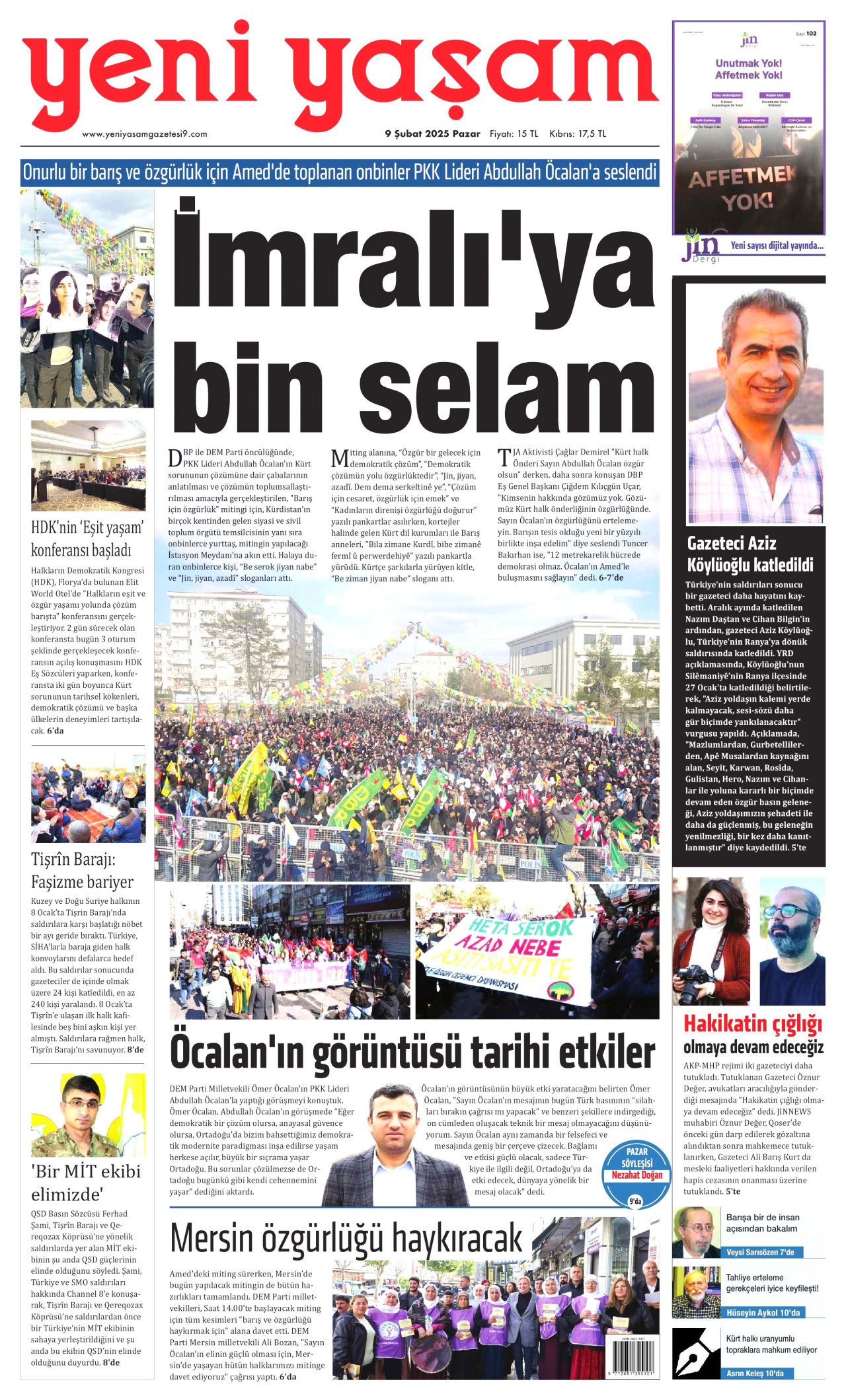 YENİ YAŞAM gazetesinin 9 Şubat 2025 tarihli birinci sayfası