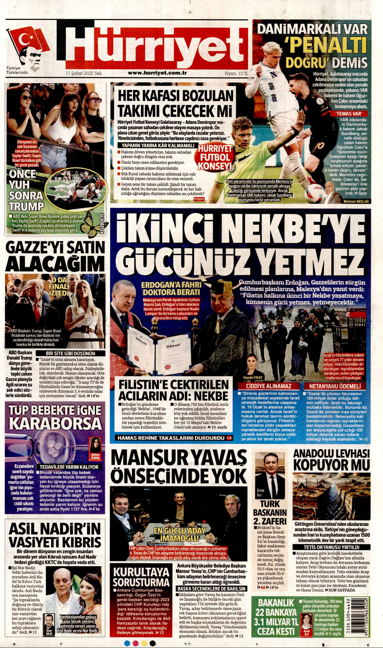 HÜRRİYET gazetesinin 11 Şubat 2025 tarihli birinci sayfası