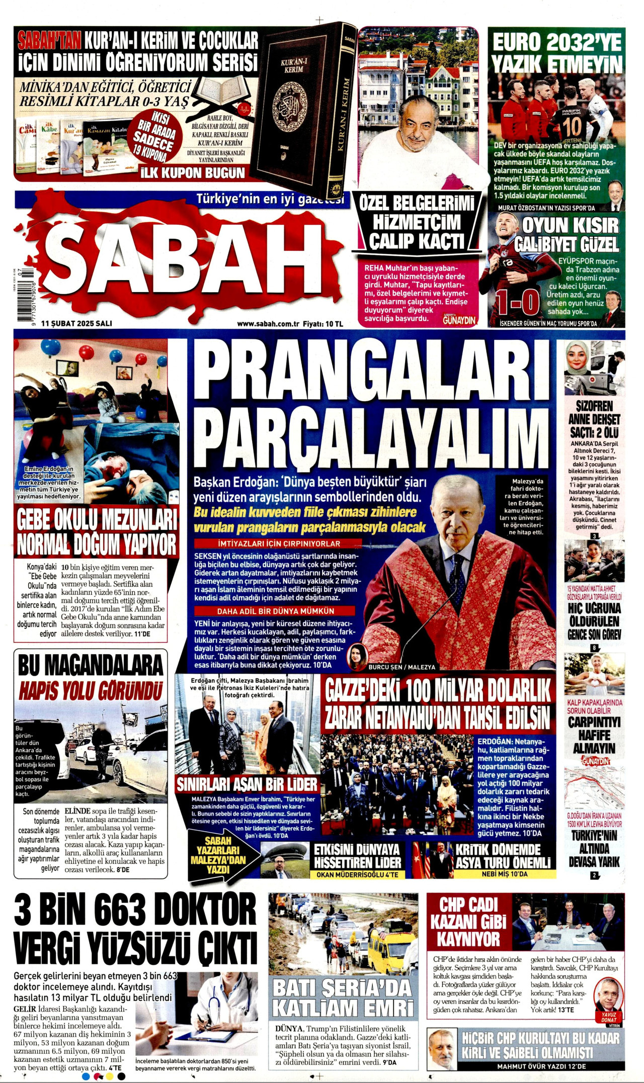 SABAH gazetesinin 11 Şubat 2025 tarihli birinci sayfası