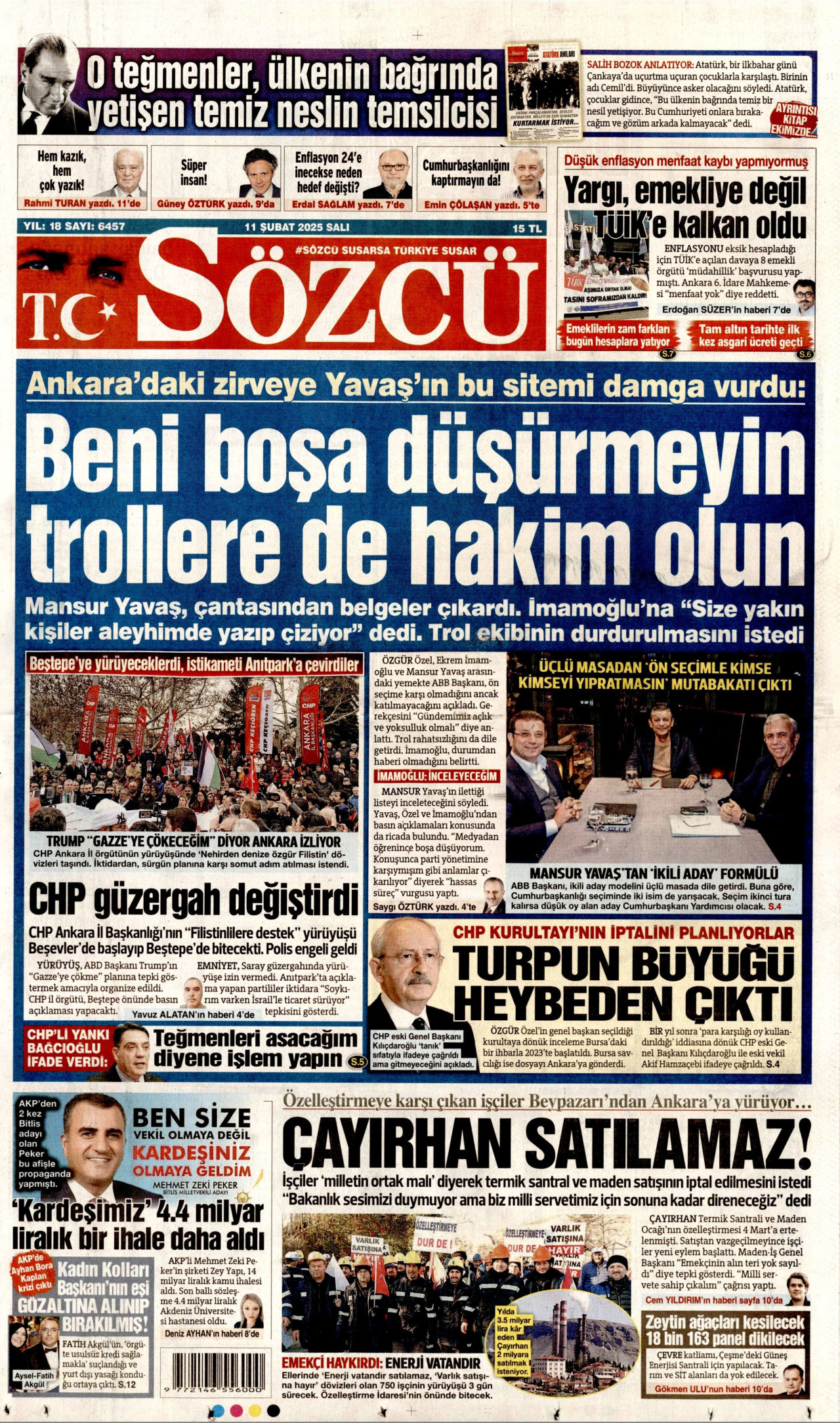 SÖZCÜ gazetesinin 11 Şubat 2025 tarihli birinci sayfası
