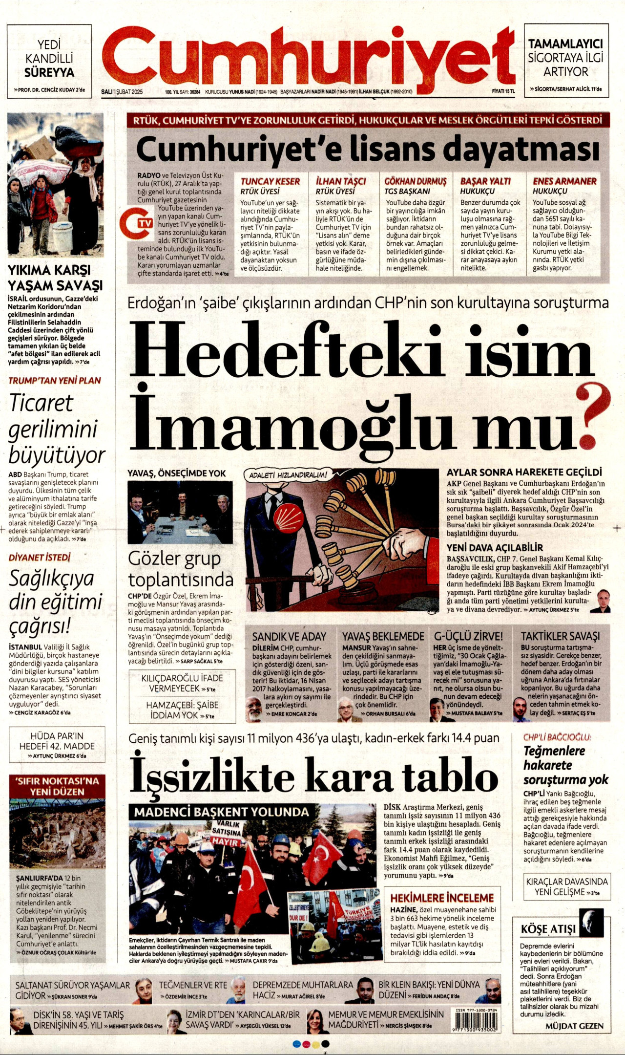 CUMHURİYET gazetesinin 11 Şubat 2025 tarihli birinci sayfası