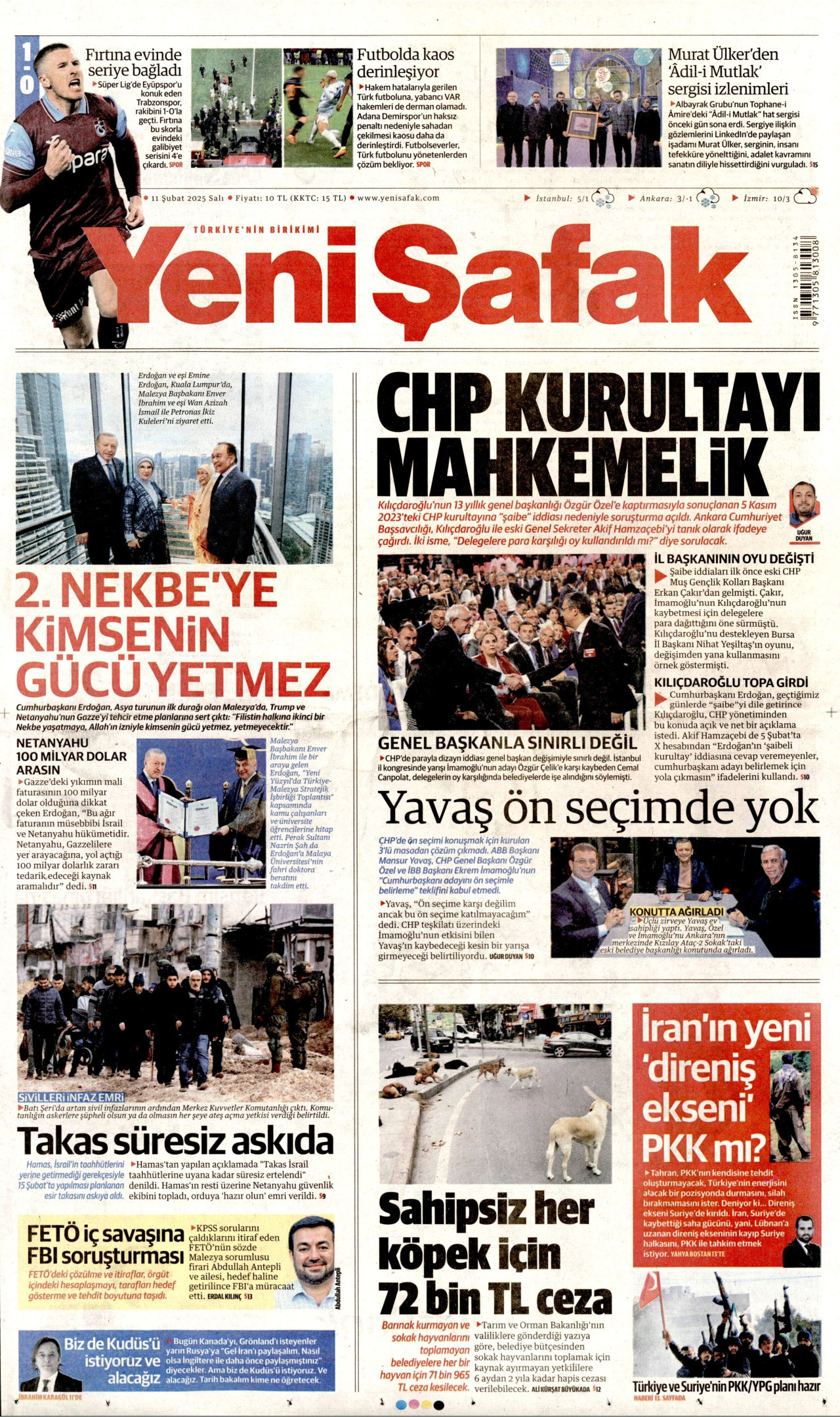 YENİ ŞAFAK gazetesinin 11 Şubat 2025 tarihli birinci sayfası
