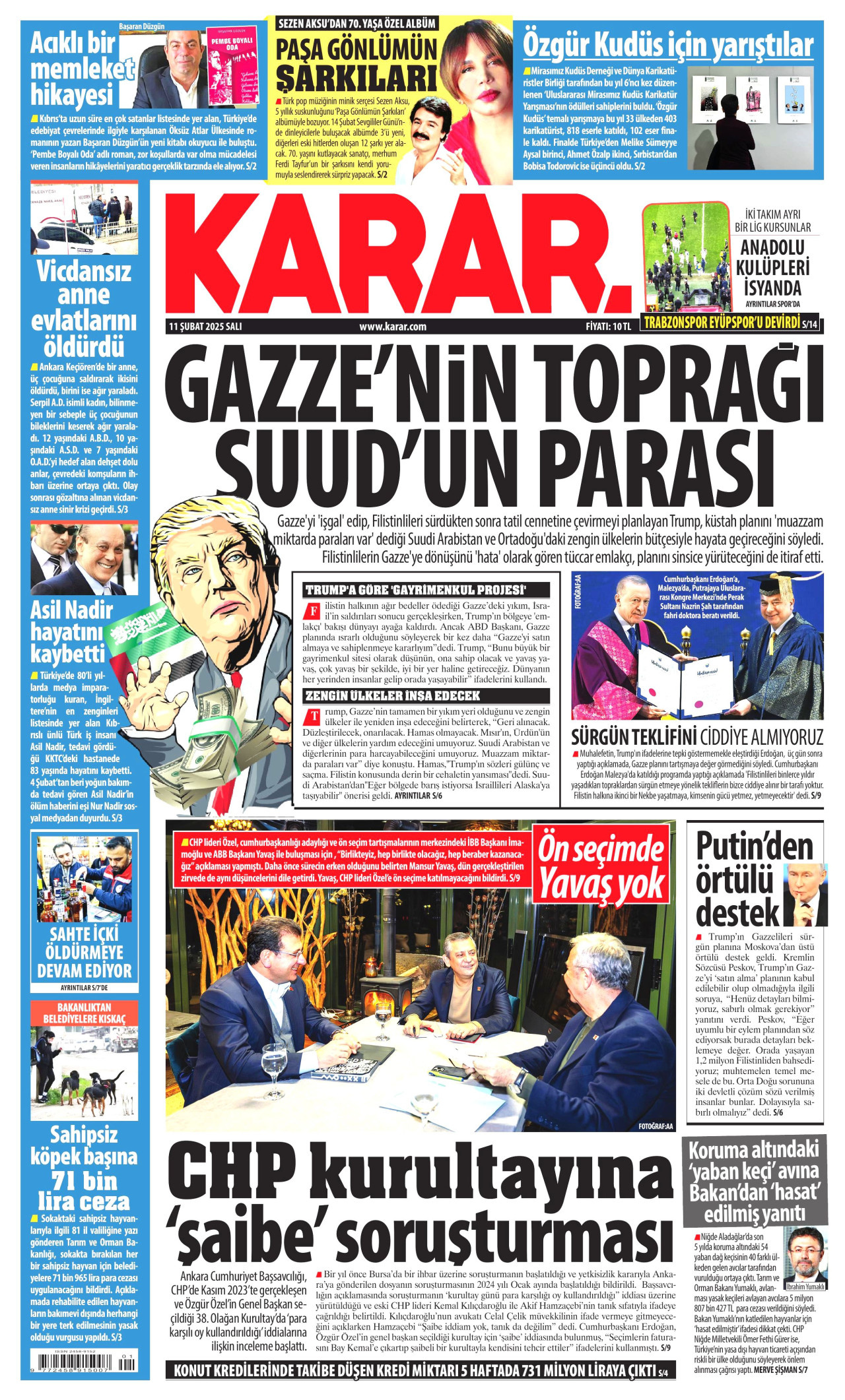 KARAR gazetesinin 11 Şubat 2025 tarihli birinci sayfası