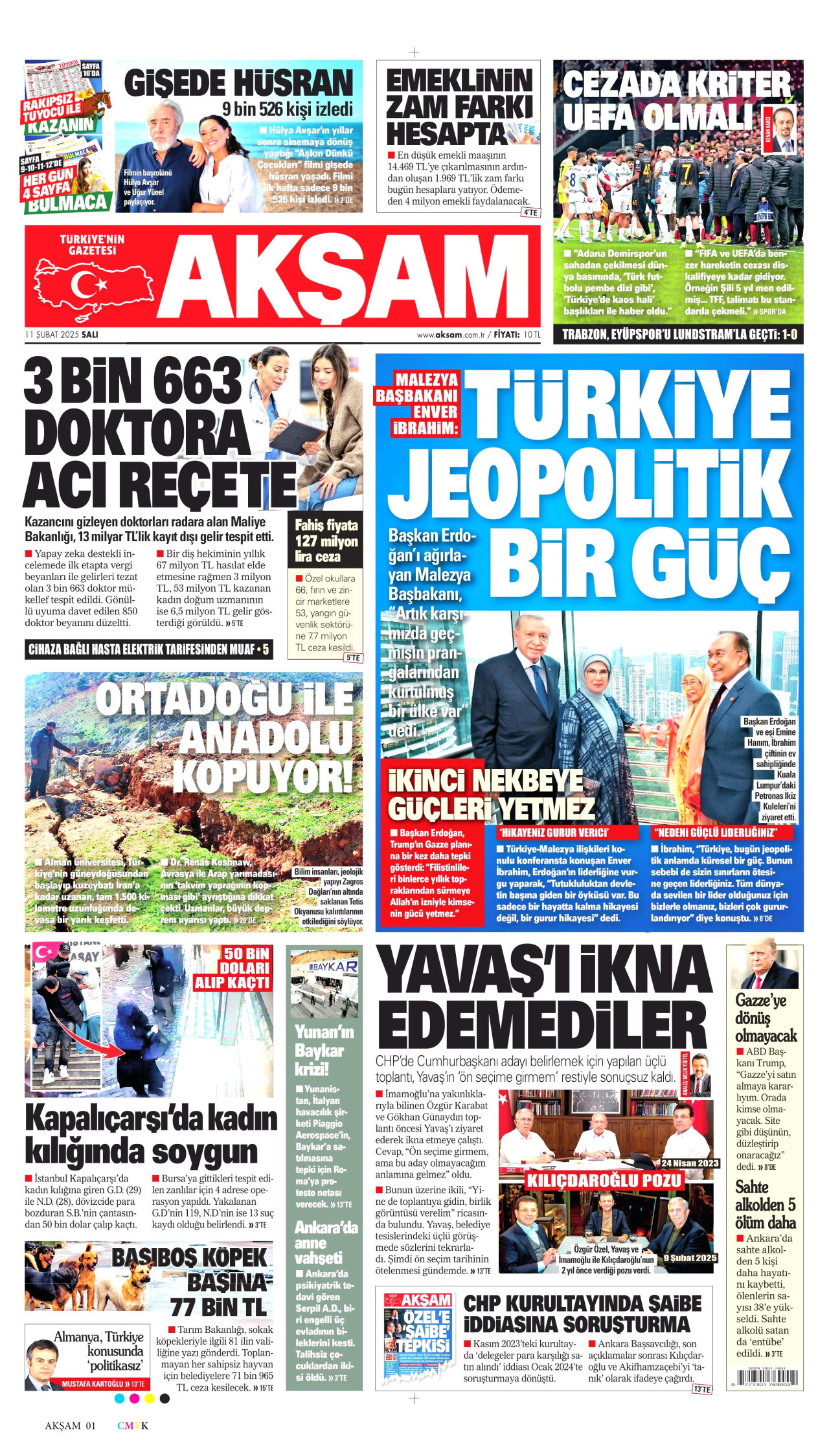 AKŞAM gazetesinin 11 Şubat 2025 tarihli birinci sayfası