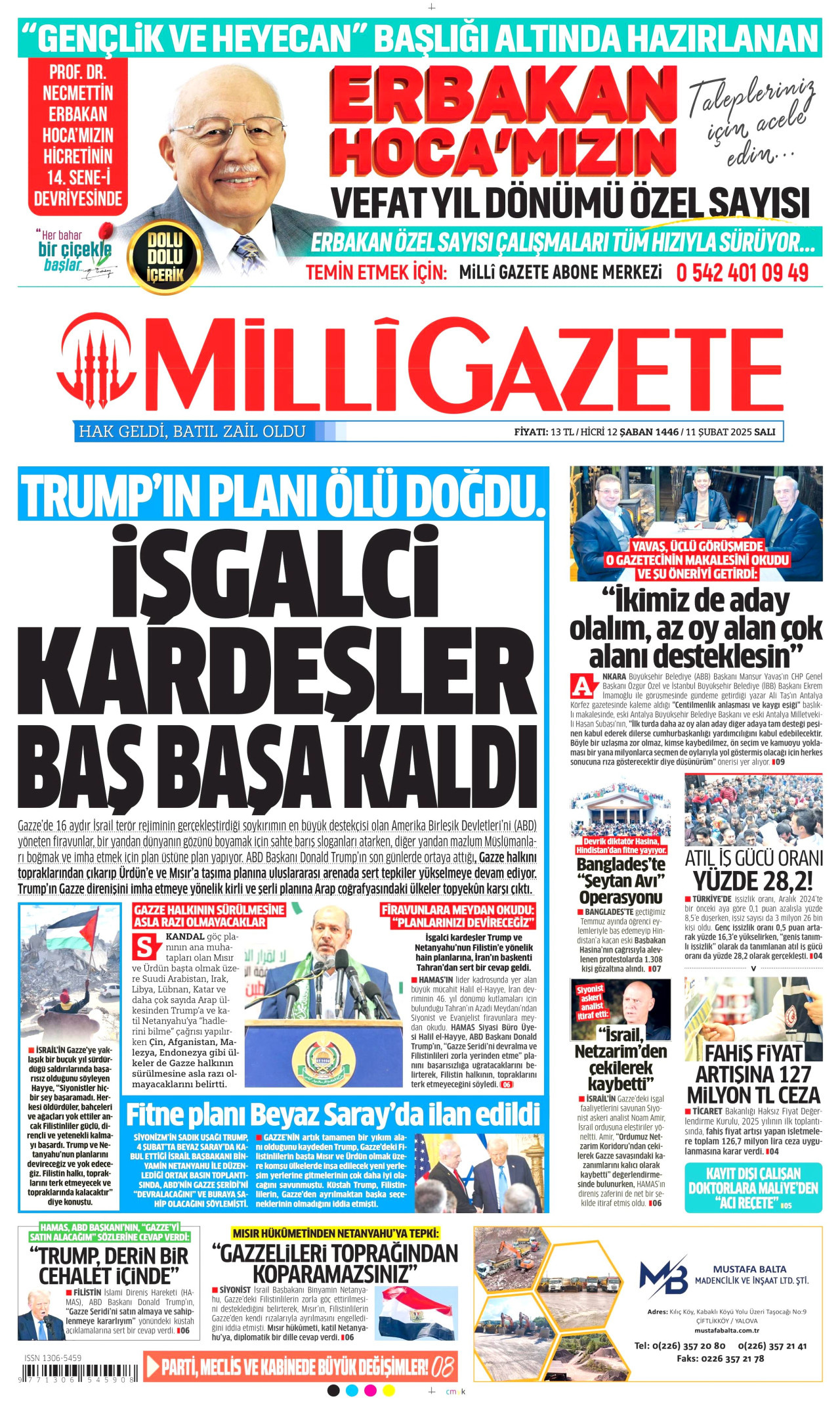 MİLLİ GAZETE gazetesinin 11 Şubat 2025 tarihli birinci sayfası