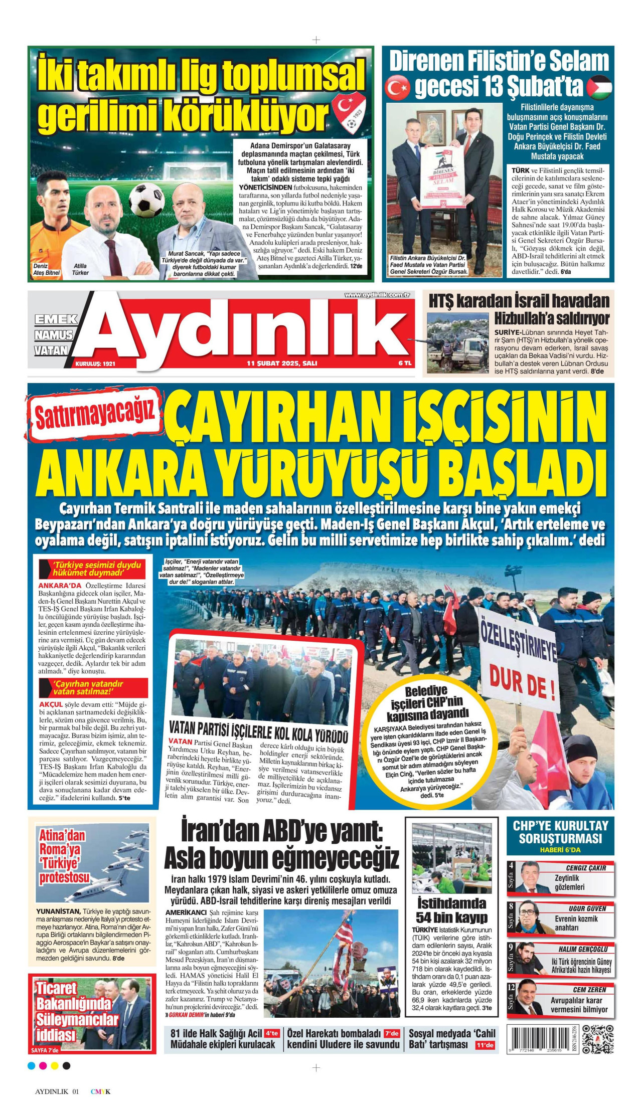 AYDINLIK GAZETESİ gazetesinin 11 Şubat 2025 tarihli birinci sayfası