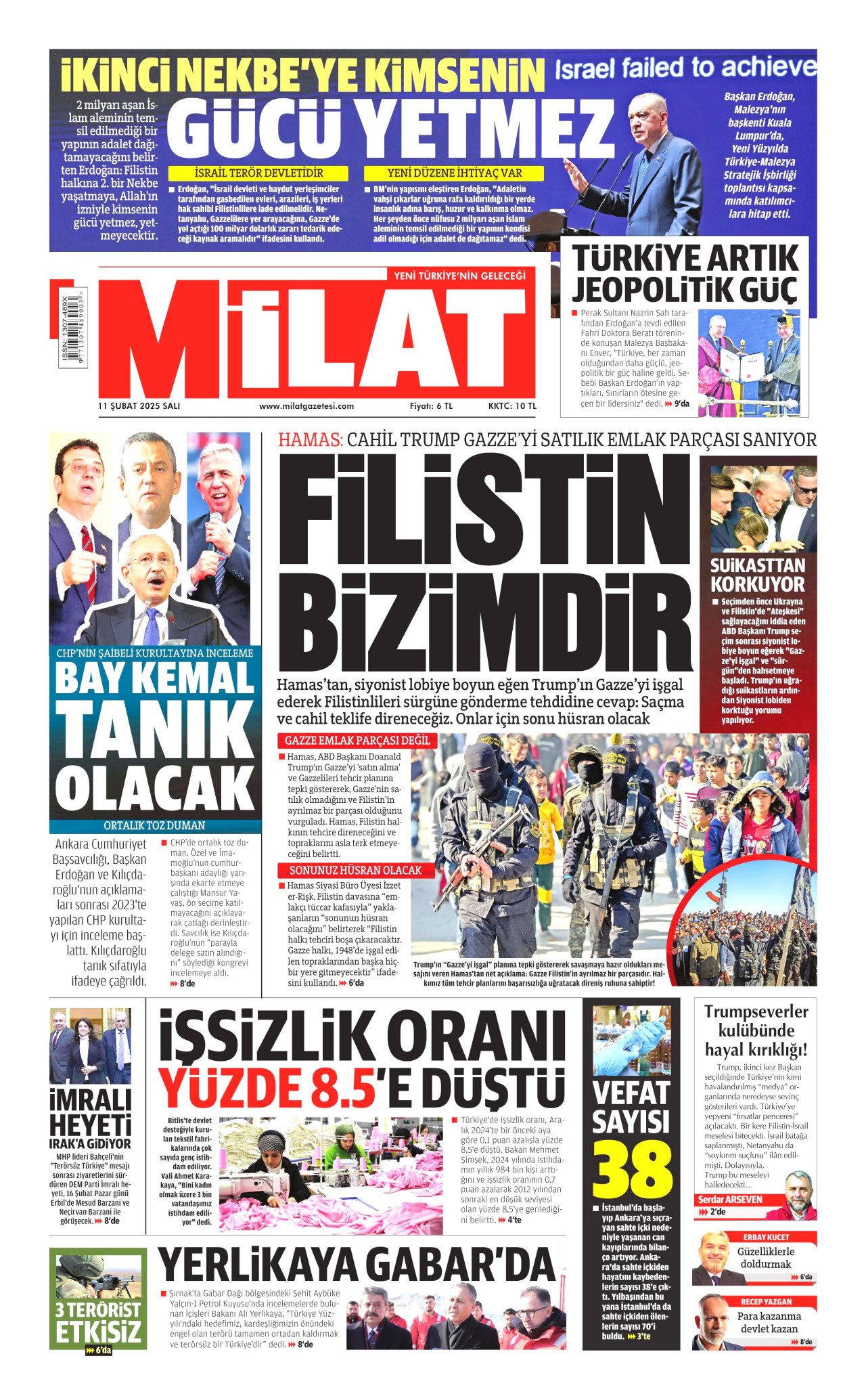 MİLAT gazetesinin 11 Şubat 2025 tarihli birinci sayfası