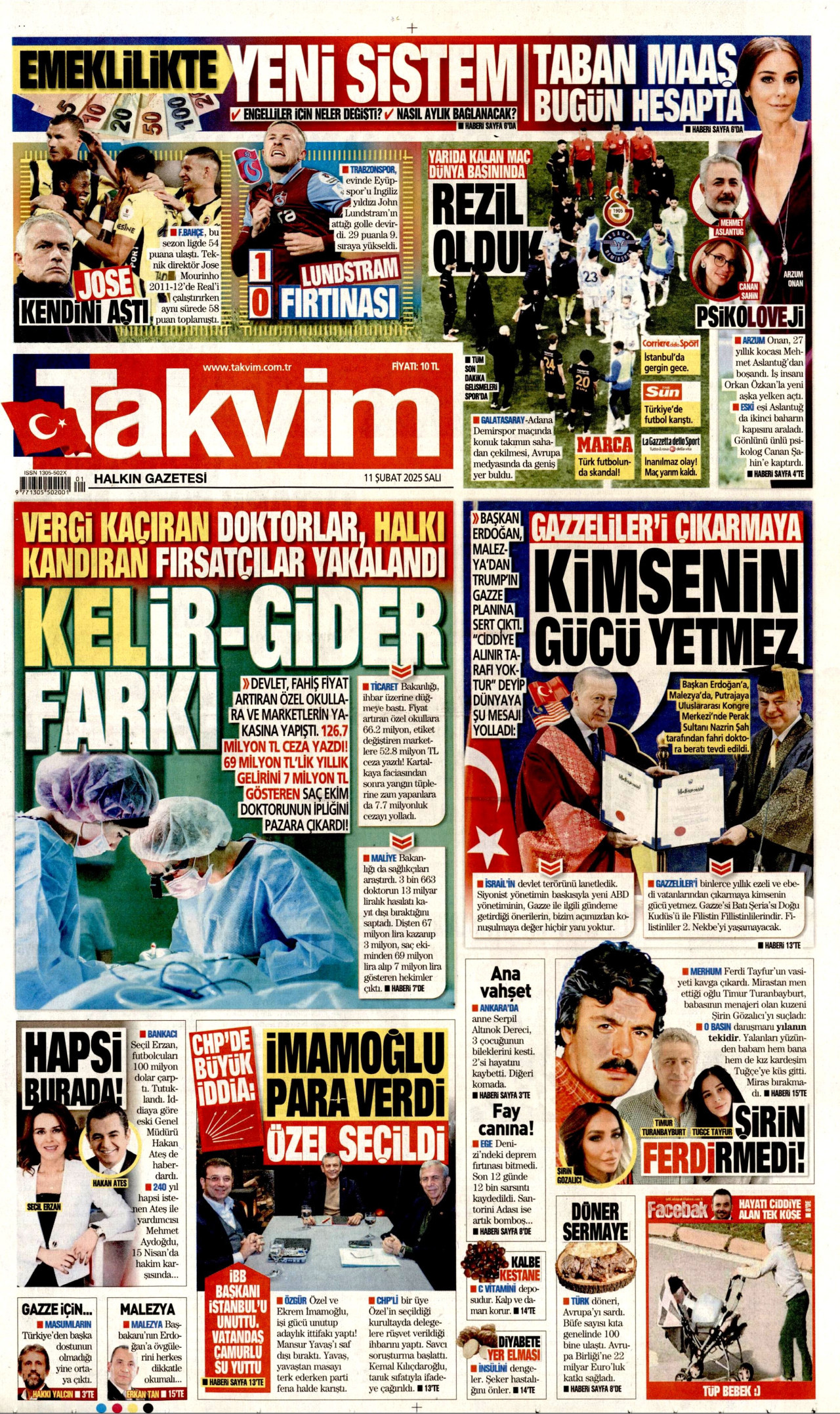 TAKVİM gazetesinin 11 Şubat 2025 tarihli birinci sayfası